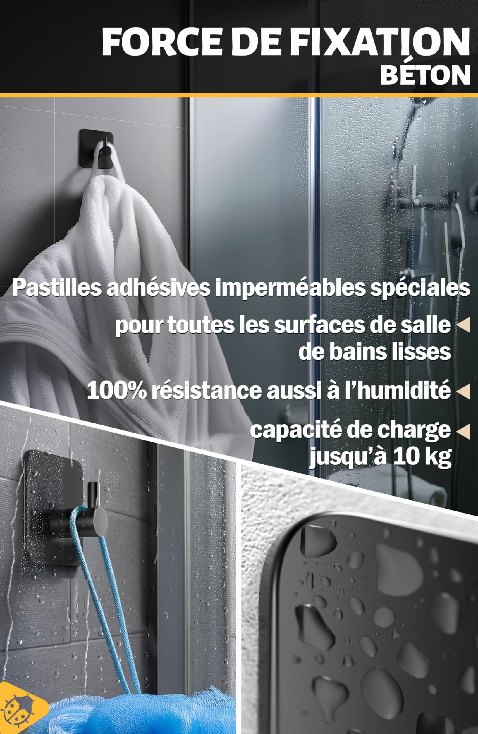 Menz Porte Serviette Crochet Adhesif Mural Acier Inox Noir Imperméable 6 Pièces Salle de Bain Cuisine