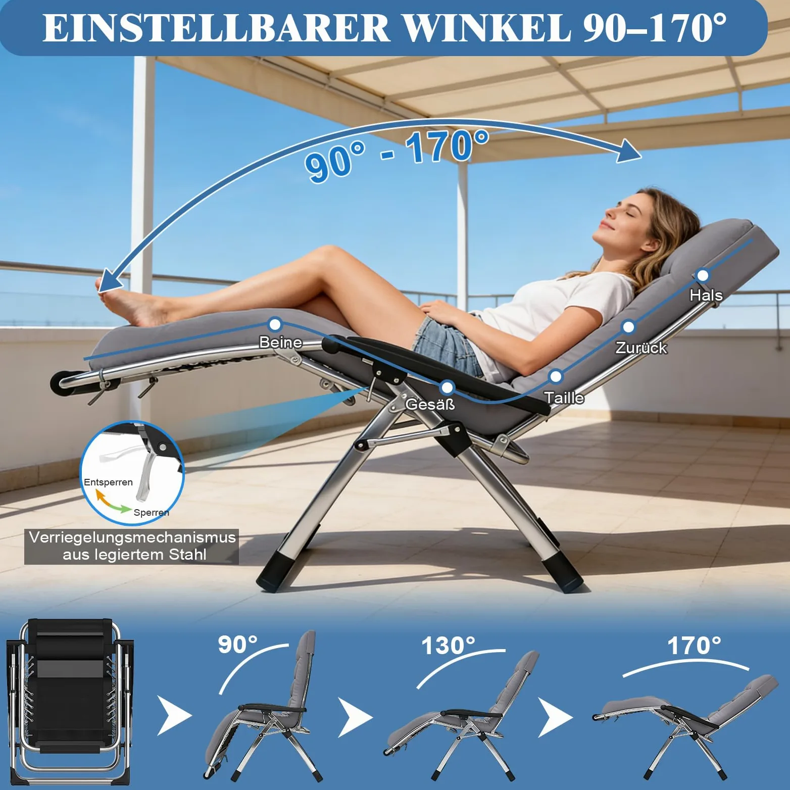 Fiutazge Chaise Longue Pliable Jardin 72cm,Dossier Réglable,Capacité 240kg,avec Coussin, Appui-tête, Porte-Boisson, Repose-Pieds et Housse,Transat de Jardin pour Terrasse,Balcon,Piscine,Camping-Gris