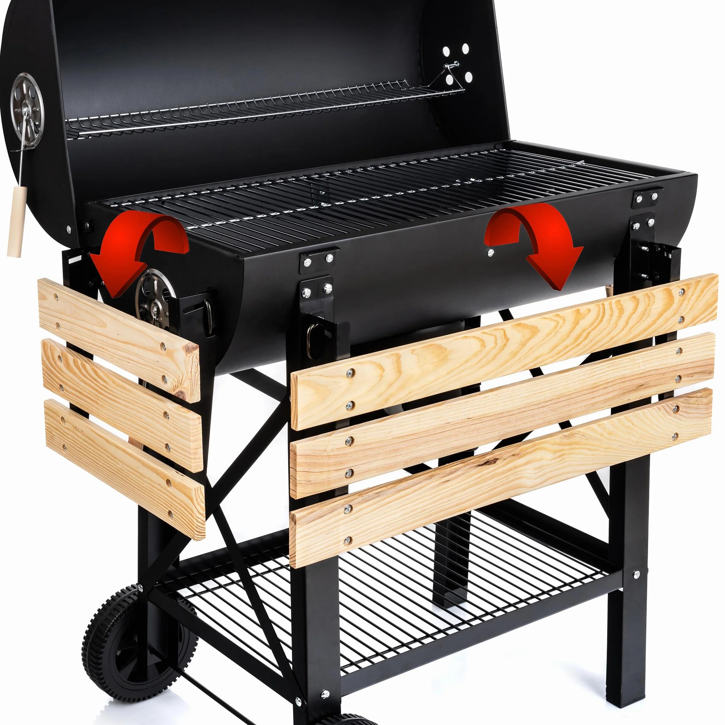 LEHMANN Barbecue Charbon de Bois XL avec Grille de Cuisson, Étagères en Bois, Couvercle, Roulettes
