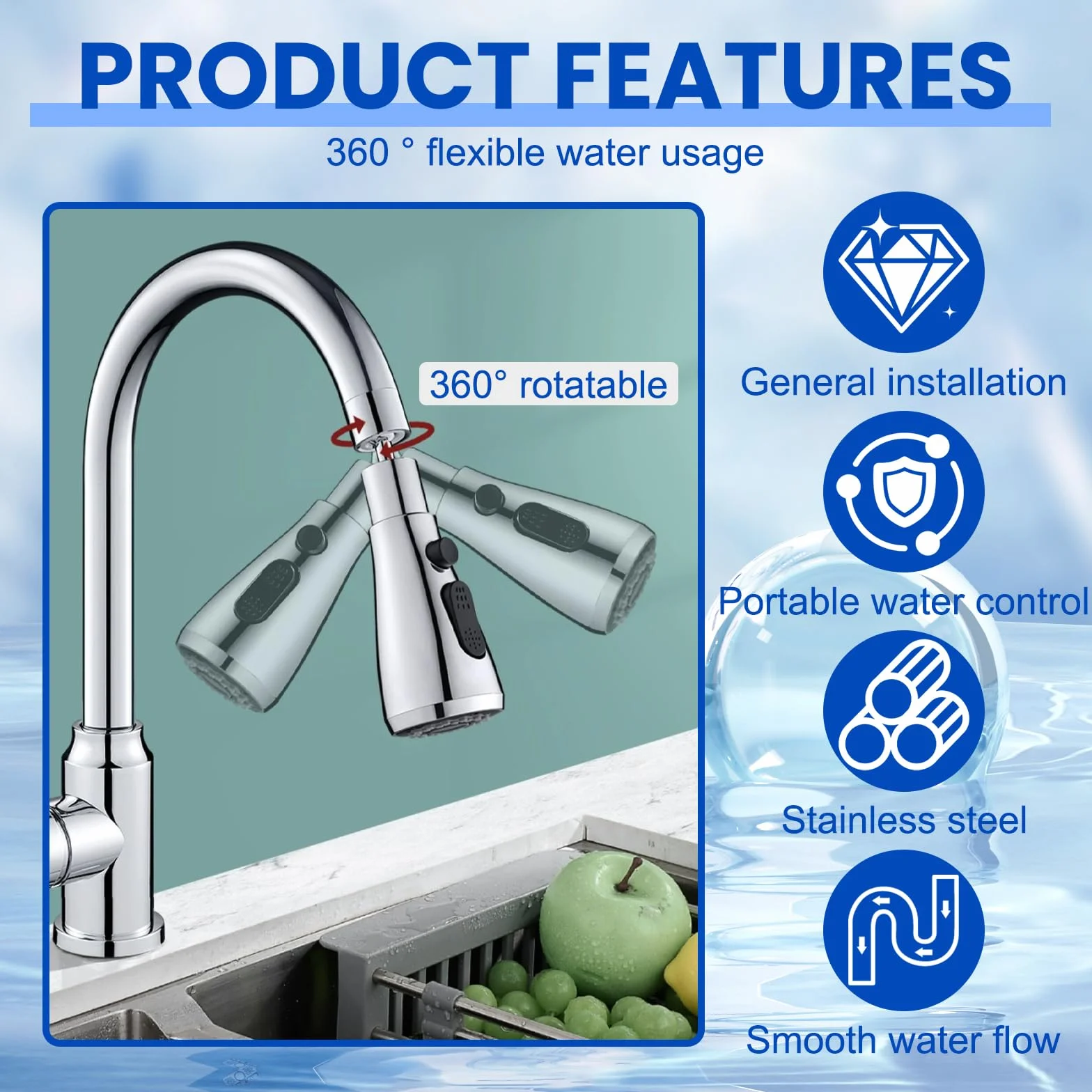 Robinet Cuisine Douchette 360 Degrés 3 Modes Rétractable Laiton Mitigeur Universel
