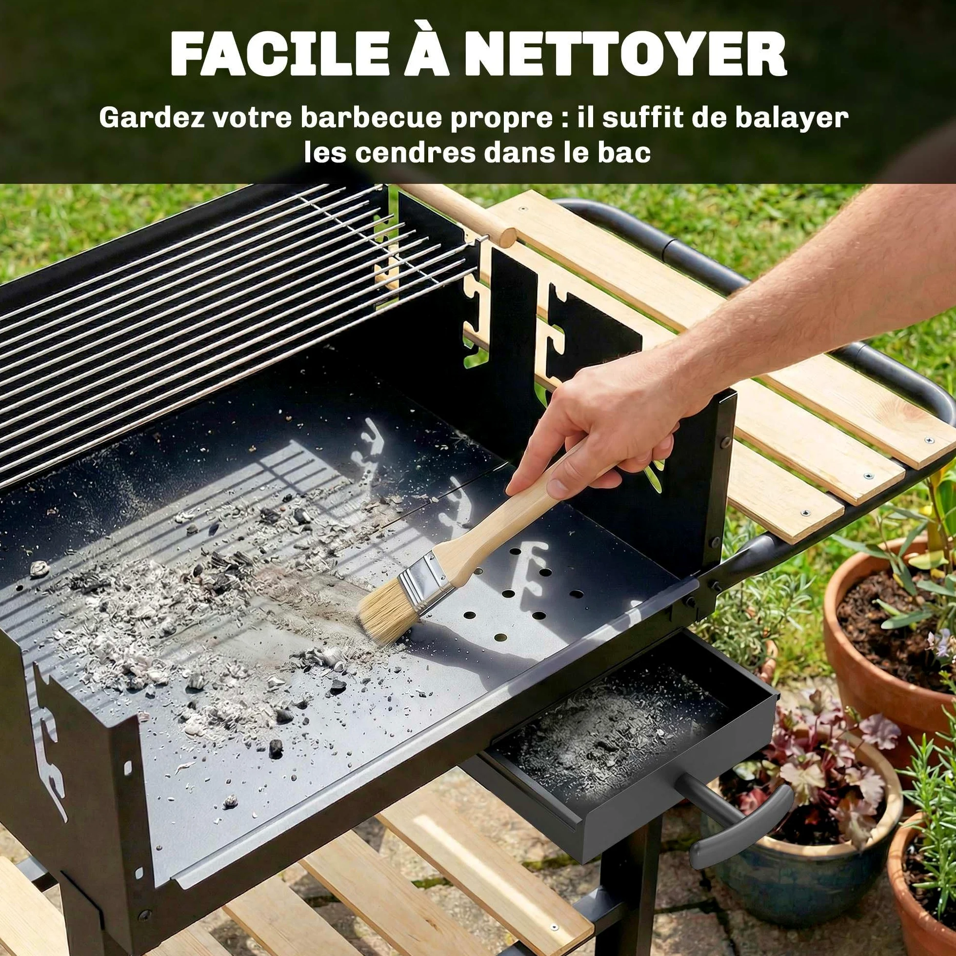 Outsunny Barbecue au Charbon de Bois avec 2 Grilles Réglableset 3 Accessoires, Chariot à Barbecue de Bois, Tablette Latérale, Récupérateur de Cendres et Roues, pour Jardin, Terrasse, Camping, Noir