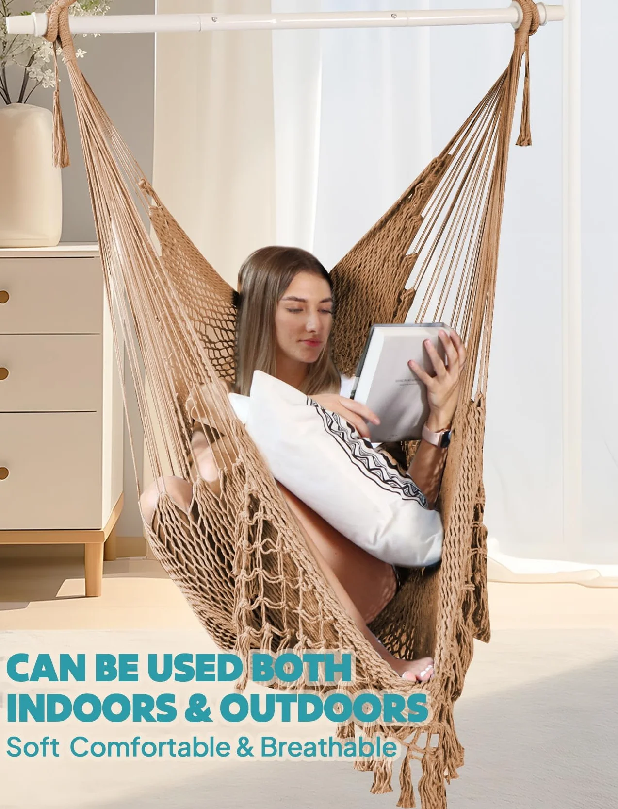 Chihee Chaise Hamac Suspendue Très Grand Coton Tissé Doux Barre Écartement Métal Solide Pliable Chaise Balançoire Dentelle Siège Large Extensible