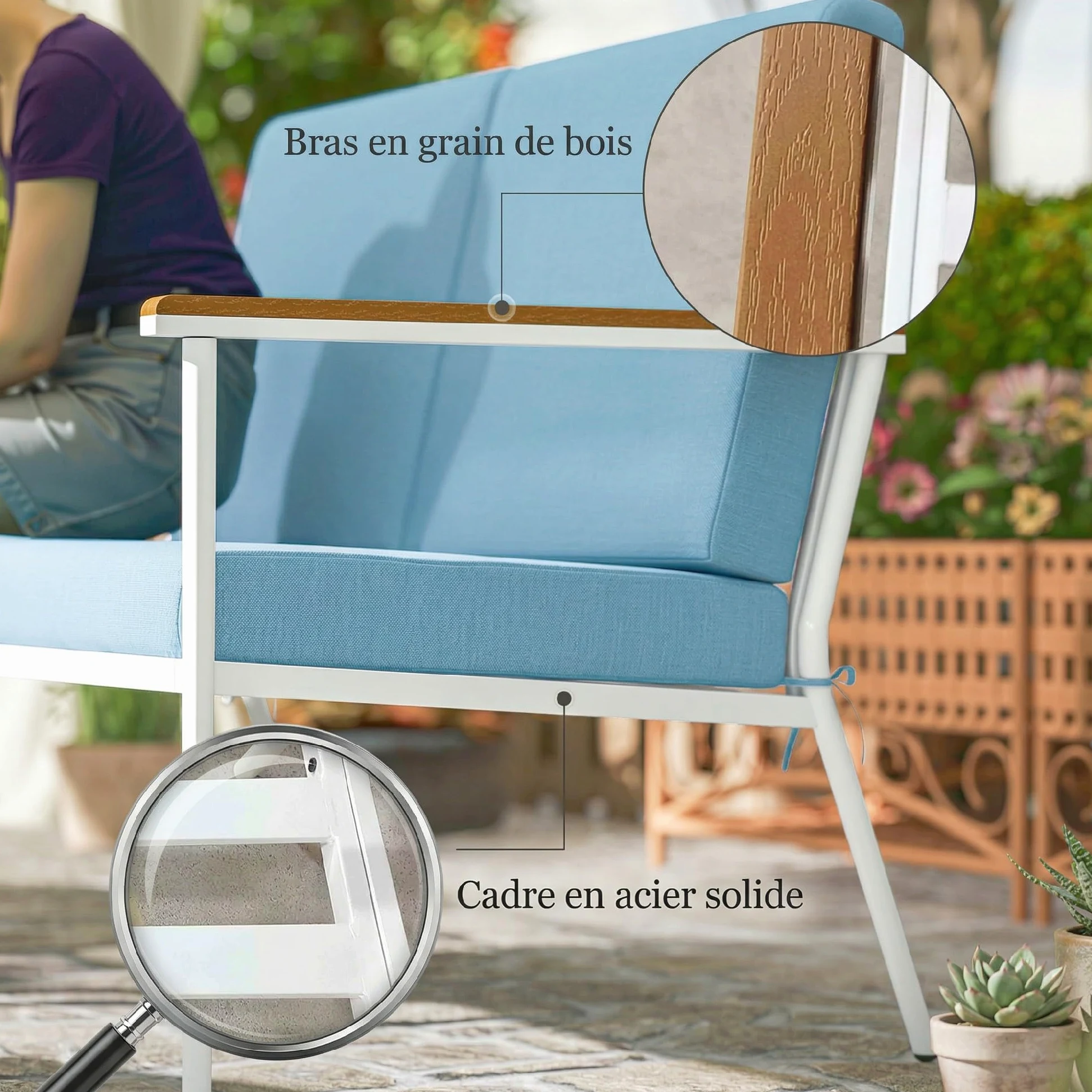 Outsunny Salon de Jardin extérieur 4 Personnes, Salon de Balcon 5 pièces avec canapé, 2 fauteuils et 2 Tables Basses en Verre trempé, Coussins Inclus, mobilier de Jardin Patio terrasse, Bleu Clair