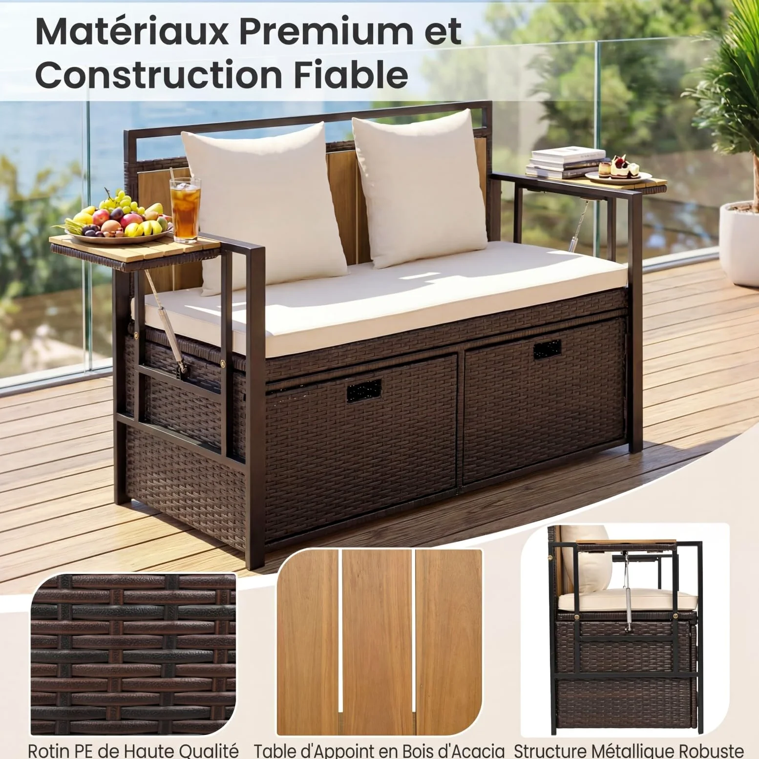 COSTWAY 2 en 1 Banc Coffre Extérieur en Rotin PE, Banc de Jardin 2 Places avec Coussins, Coffre de Rangement 142,5 L, 2 Tables d'Appoint Pliables, Charge 360 kg, pour Terrasse Jardin Balcon (Blanc)