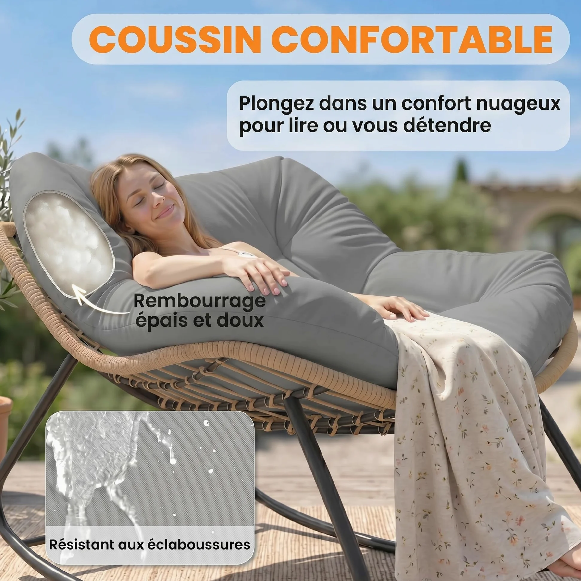 Outsunny Fauteuil à Bascule Papasan, Fauteuil à Bascule Intérieur Extérieur en Résine Tréssée avec Coussin, Chaise Ovale rembourrée en Rotin pour Salon, Jardin, Patio, Balcon, Gris