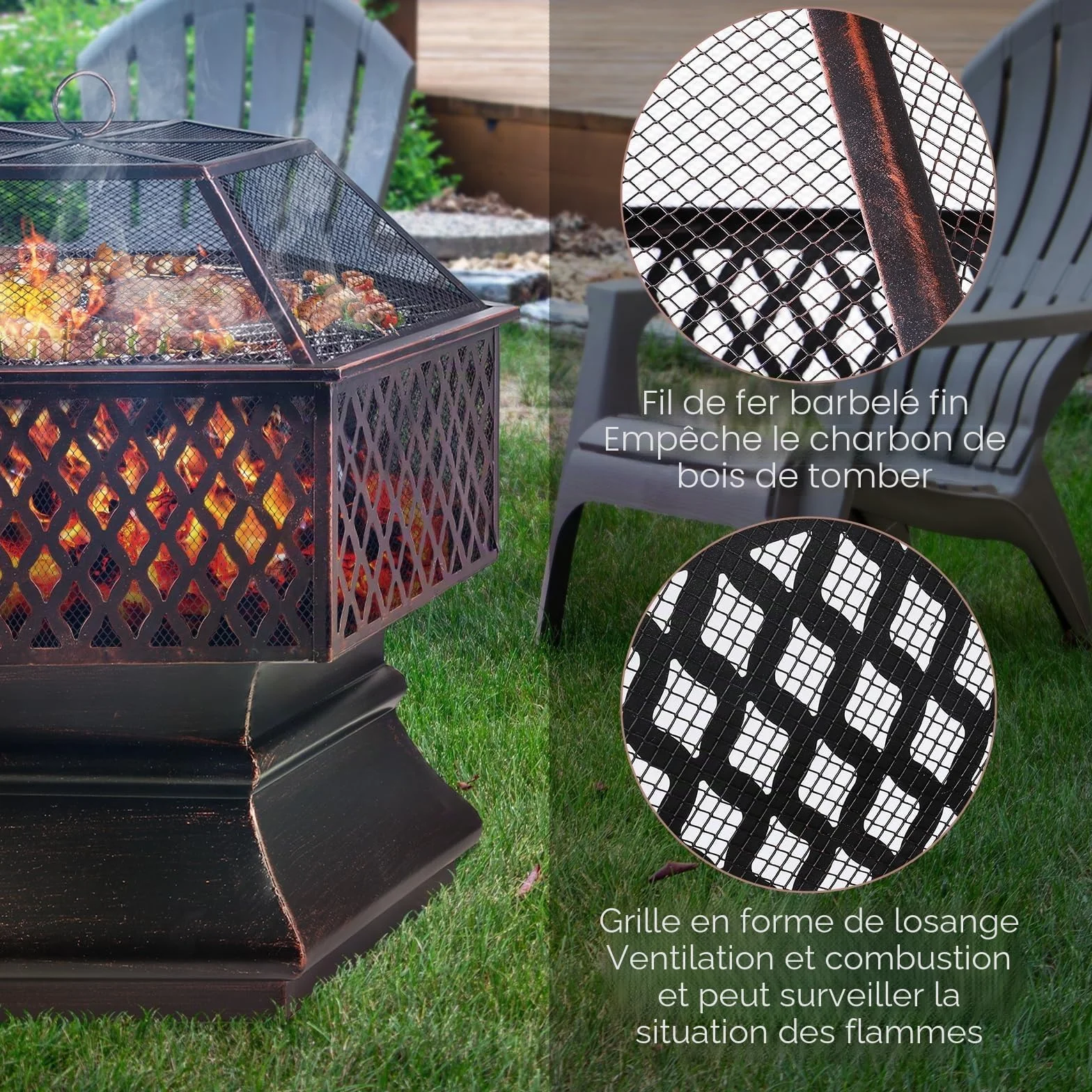 TLSUNNY Brasero Exterieur avec Grill, Foyer de Jardin, Barbecue au Charbon, 71x71x63 cm