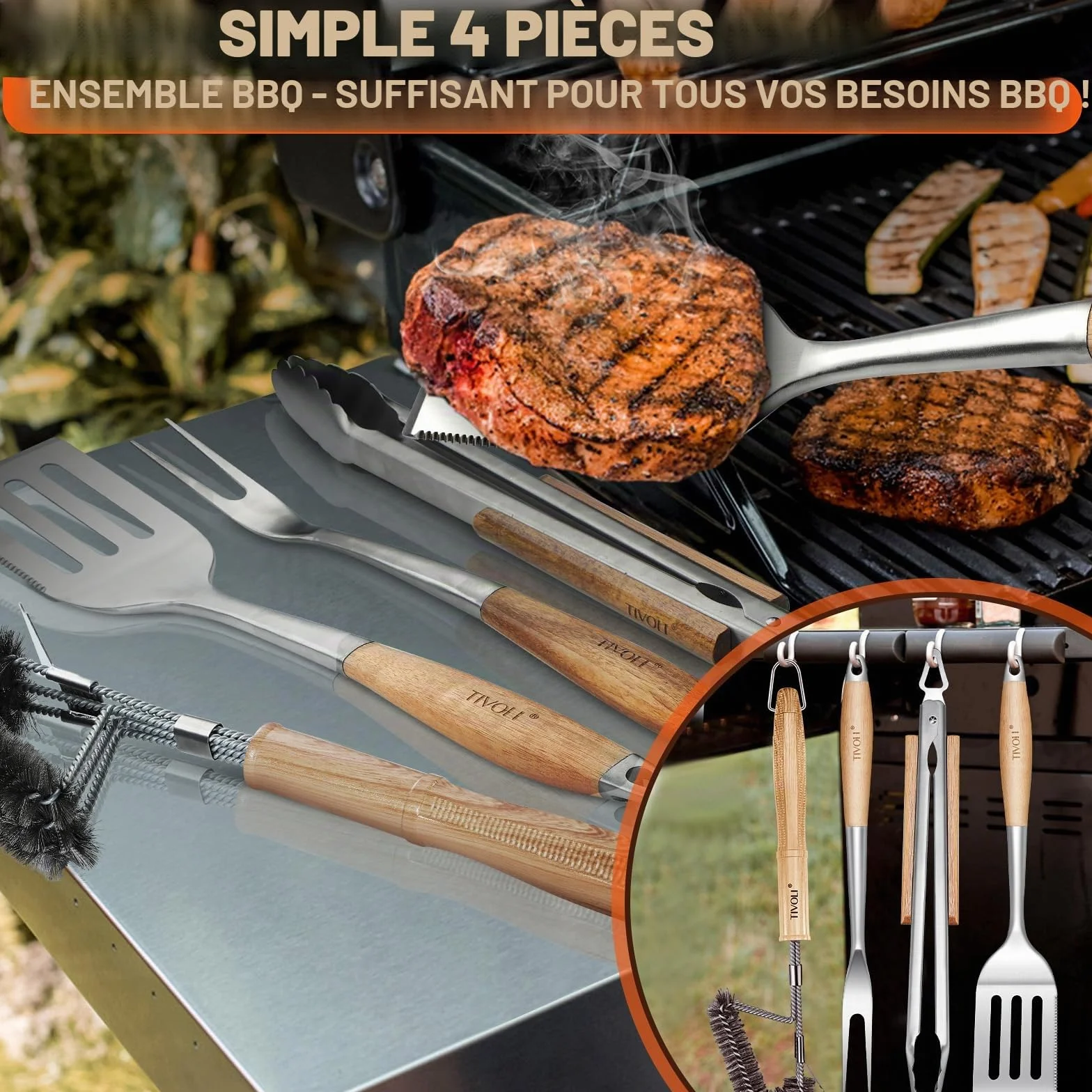 TIVOLI Lot de 4 ustensiles de barbecue en acier inoxydable avec poignées en bois