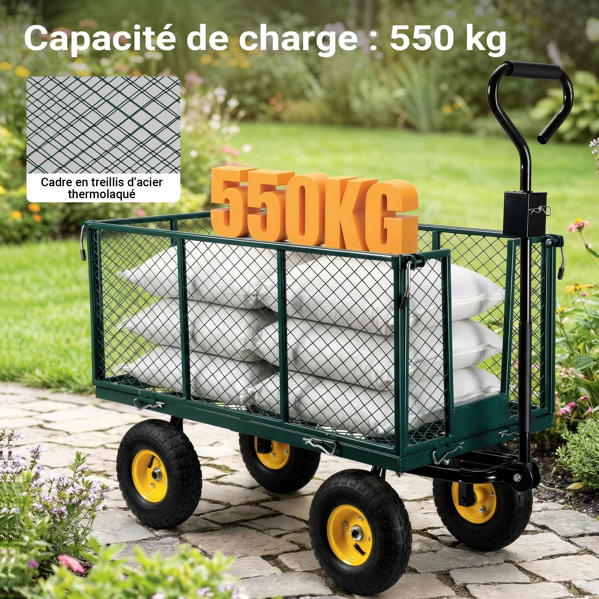 Wiltec Chariot Transport XXL Pliable – 1140 x 520 x 1050 mm – capacité 550 kg – avec Bâche Amovible, Pneus Robustes et Grille de Rangement – Diable Jardin Jardinage Outils Outillage