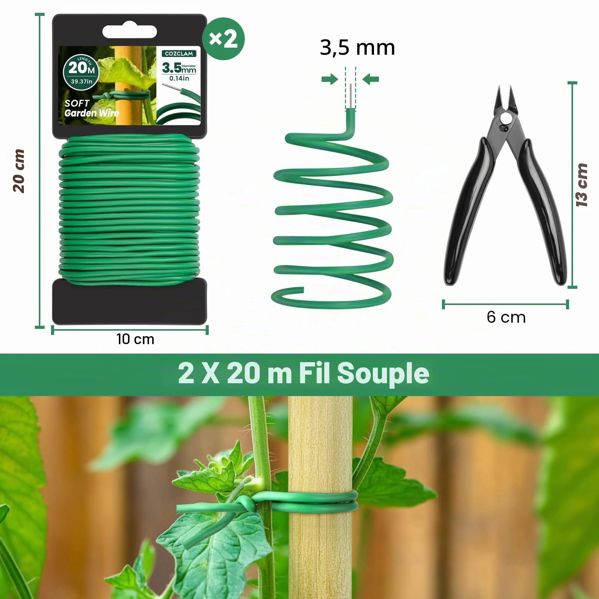 COZCLAM 2 x 20m Fil de Fer Jardin avec Coupe, 3.5mm Fil de Fer Cloture, Fil de Fer Vert de Plastique pour Le Jardinage, Tomates, Fil de Fer Souple Loisir Creatif pour Organiser Les Câbles, Projets
