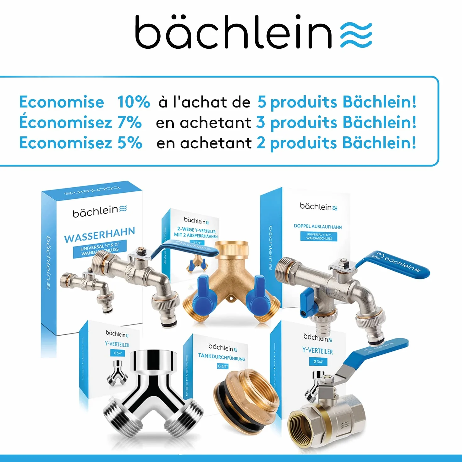 Bächlein Robinet Universel Double Jardin 2 Raccordements Tuyau Boisseau Sphérique 1/2 3/4 Pouces Sortie Extérieur
