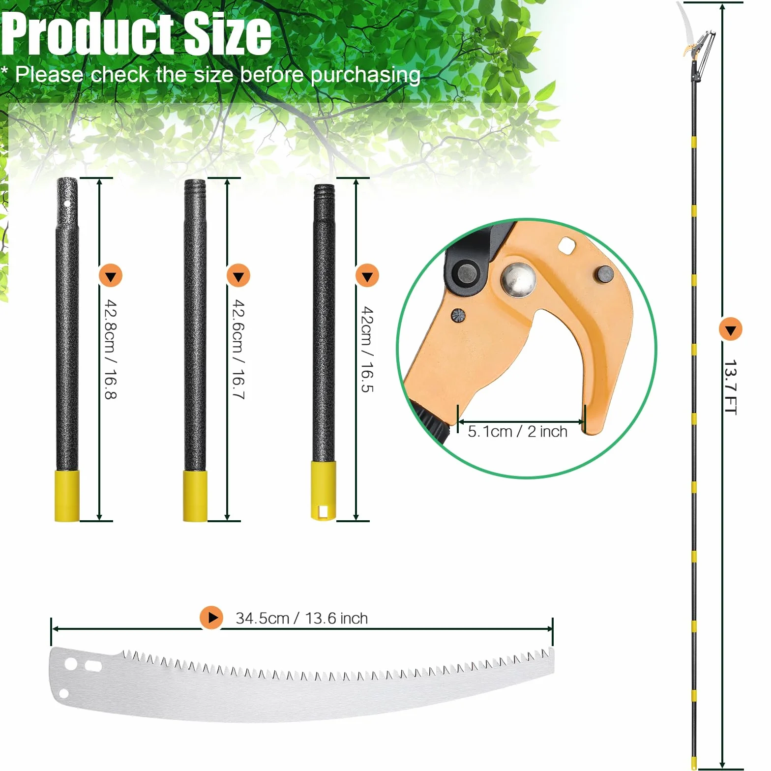 Scie à perche extensible pour l'élagage des arbres, sécateur manuel à long manche de 4 m, lame tranchante en acier de 30 cm
