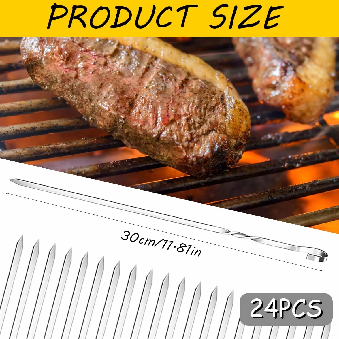 Brochette inox barbecue réutilisables – Lot de 24 pièces pour viande et légumes