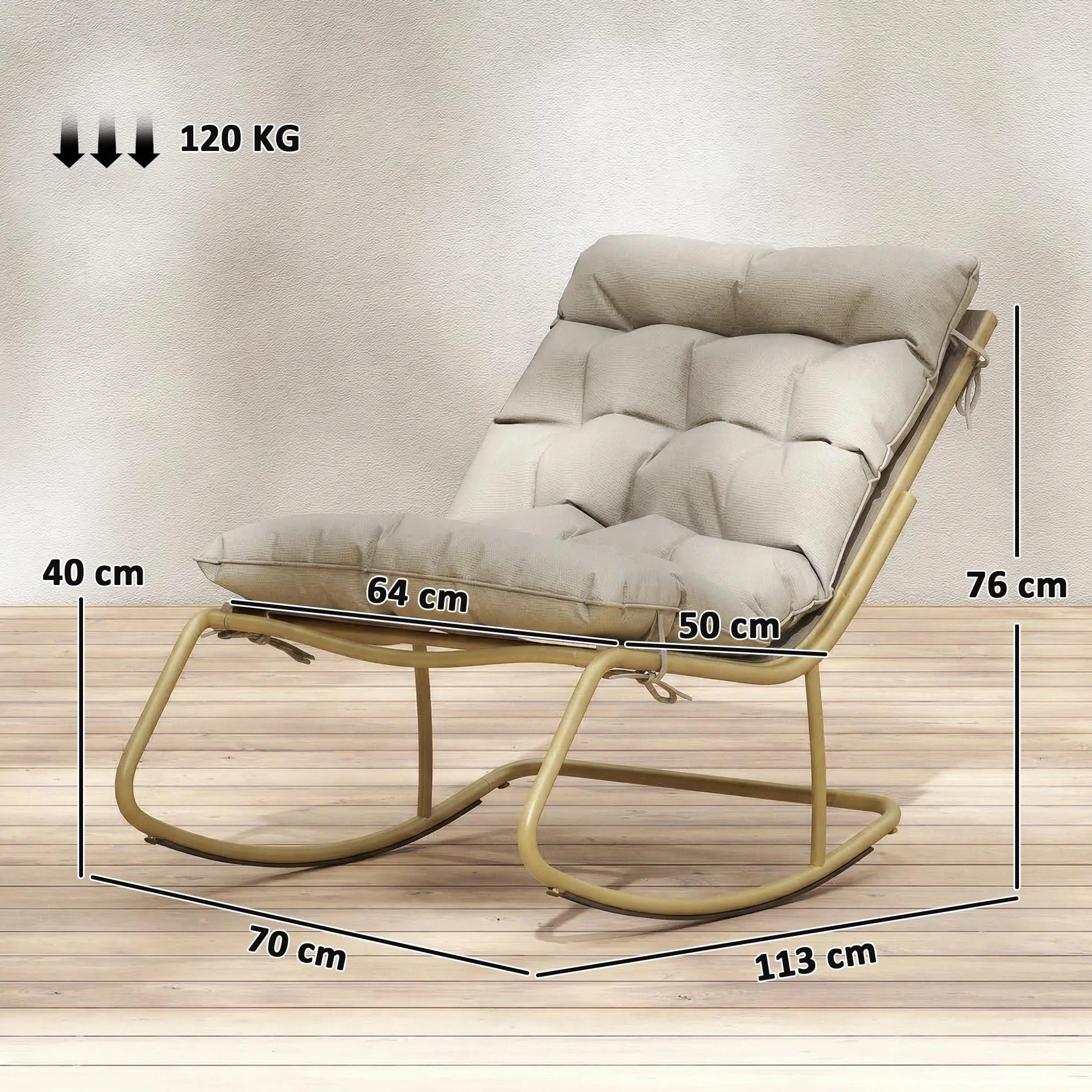 Outsunny Fauteuil à Bascule Extérieur avec Coussin Moelleux 125cm - Rocking Chair Large 64cm en Acier et Textilène - Chaise Bercante de Salon et Balcon, Beige et Doré