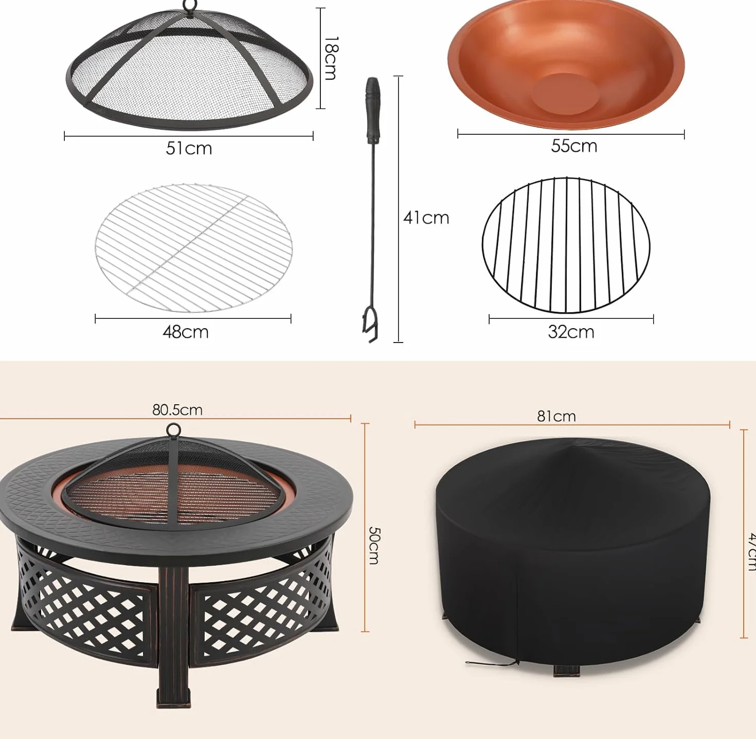 TLSUNNY Braséro Barbecue Extérieur 3 en 1 80x80x50 cm avec Housse Protection Grillage BBQ Galvanisé