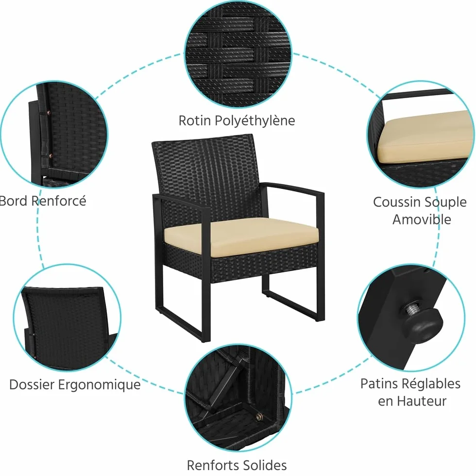 Yaheetech Salon de Jardin Exterieur 2 Fauteuils 1 Table Basse Poly Rotin Metal Noir/Kaki