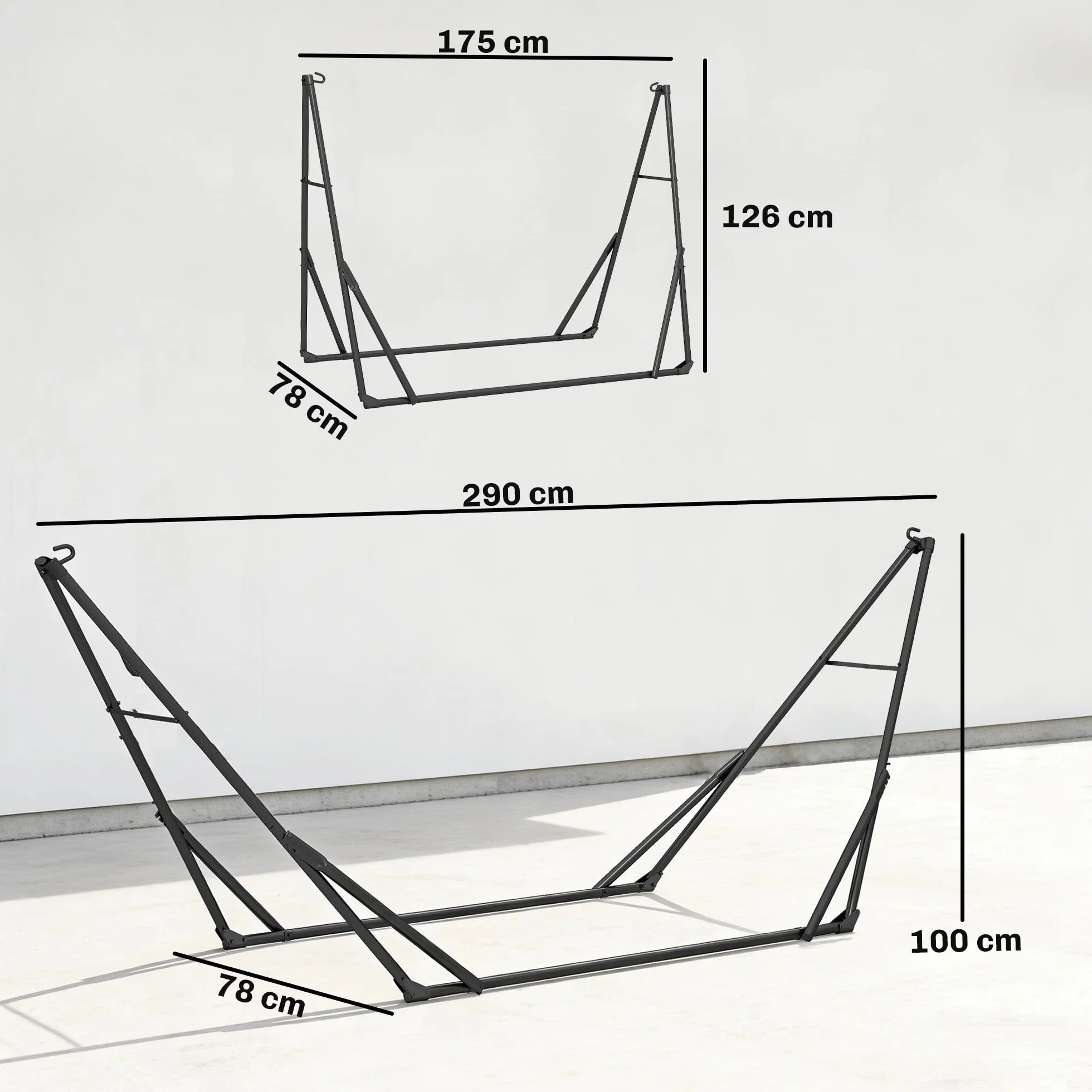 Outsunny Support de Hamac 290 cm, Cadre en Acier Pliable, Portable, Capacité 120 kg, Noir