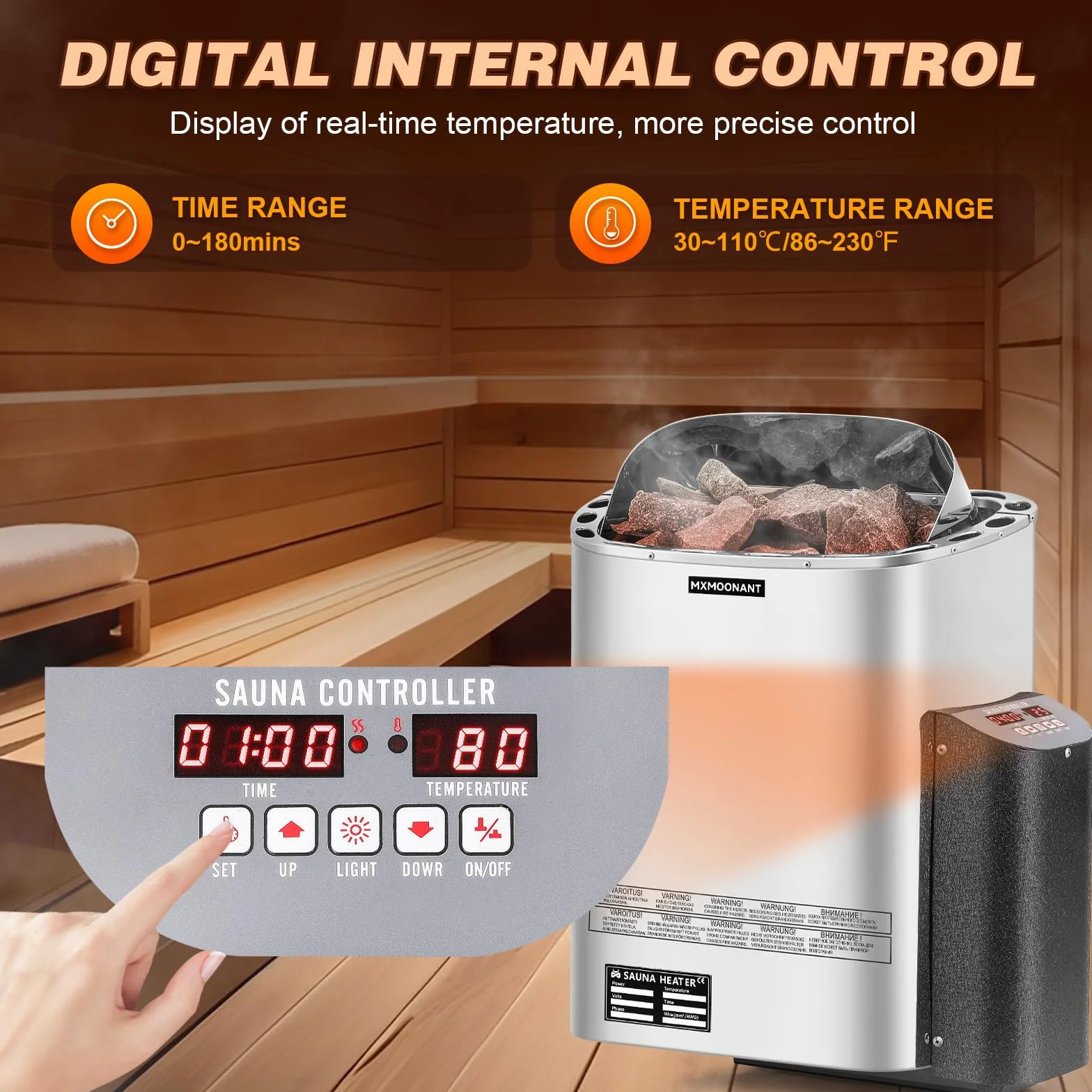Poêle Électrique pour Sauna 6KW, Contrôle Numérique, Max 9 m³, avec Hygrothermographe