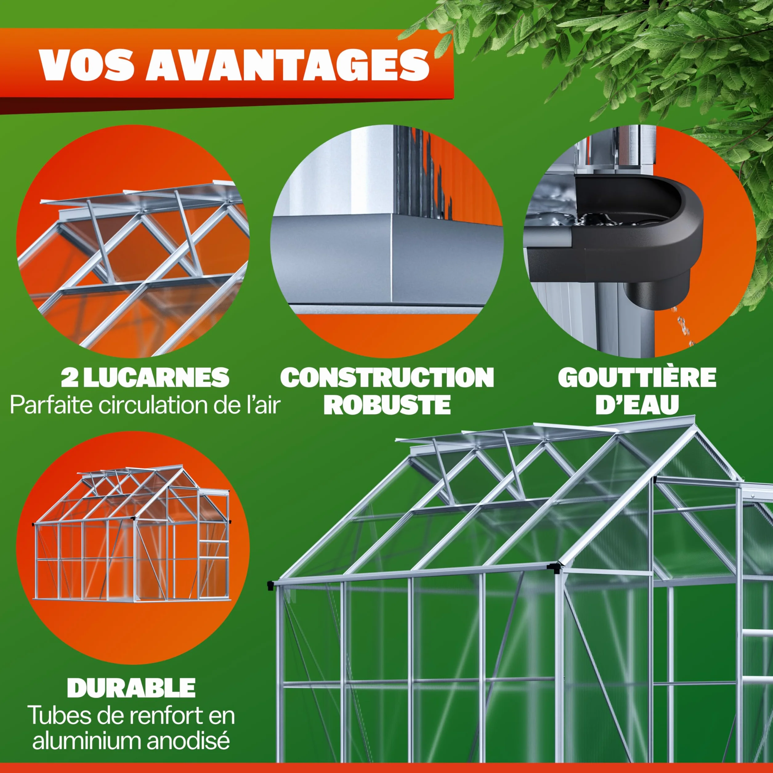 Serre de Jardin Aluminium Polycarbonate 4,8m² 250x190cm 2 Lucarnes Structure Stable