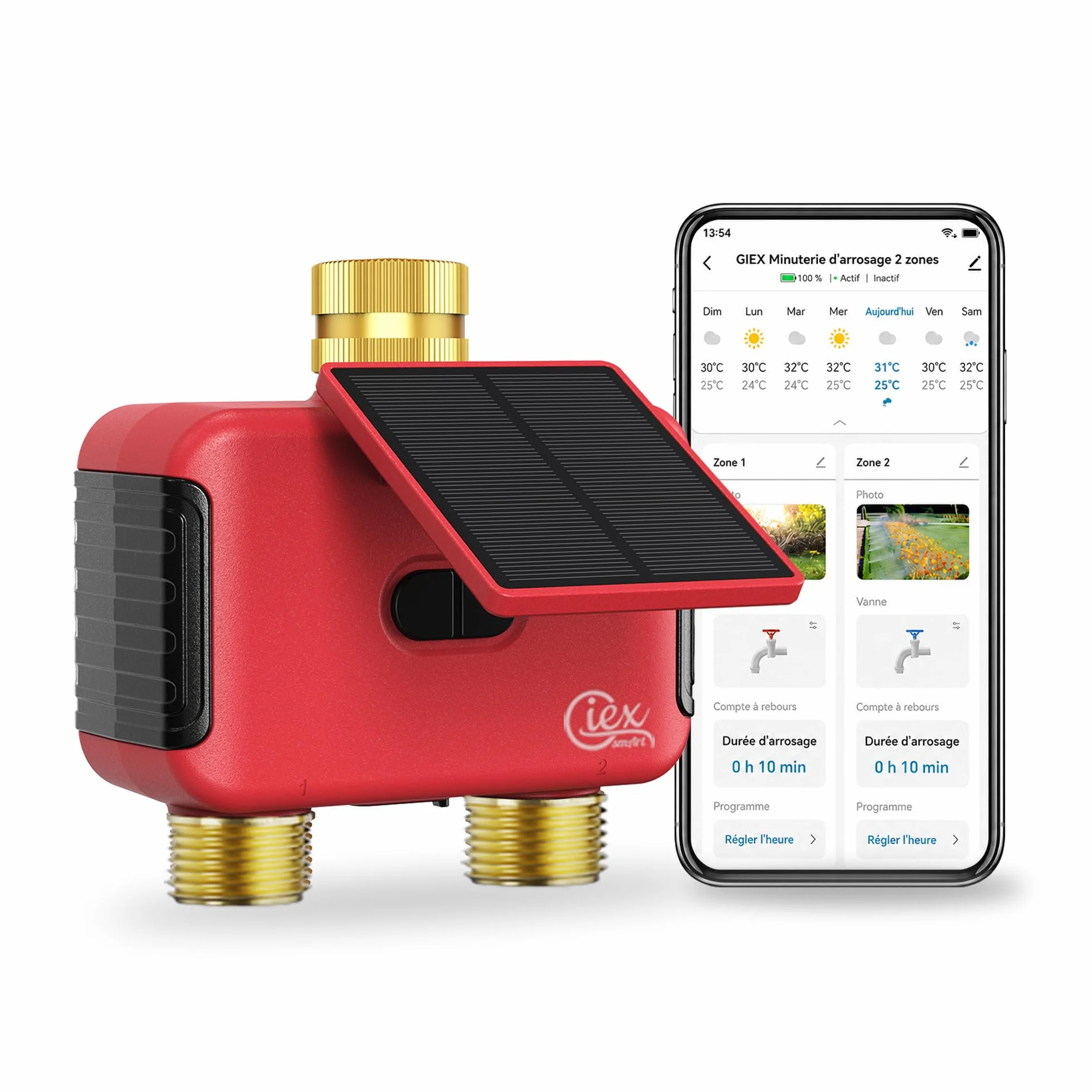 Programmateur d’arrosage WiFi 2 Zones, minuteur d’Eau Solaire Rechargeable Double Sortie, raccords en Laiton, sans hub, Compatible Alexa et Google Assistant