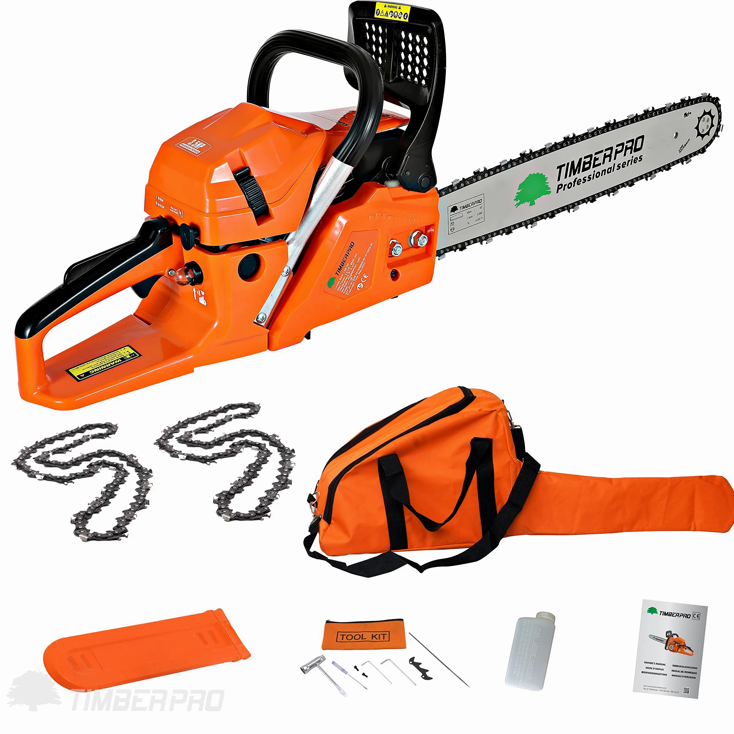 TRONÇONNEUSE THERMIQUE 61,5 CM³, PUISSANCE 3,6 CV, GUIDE 50 CM + 2 CHAINES