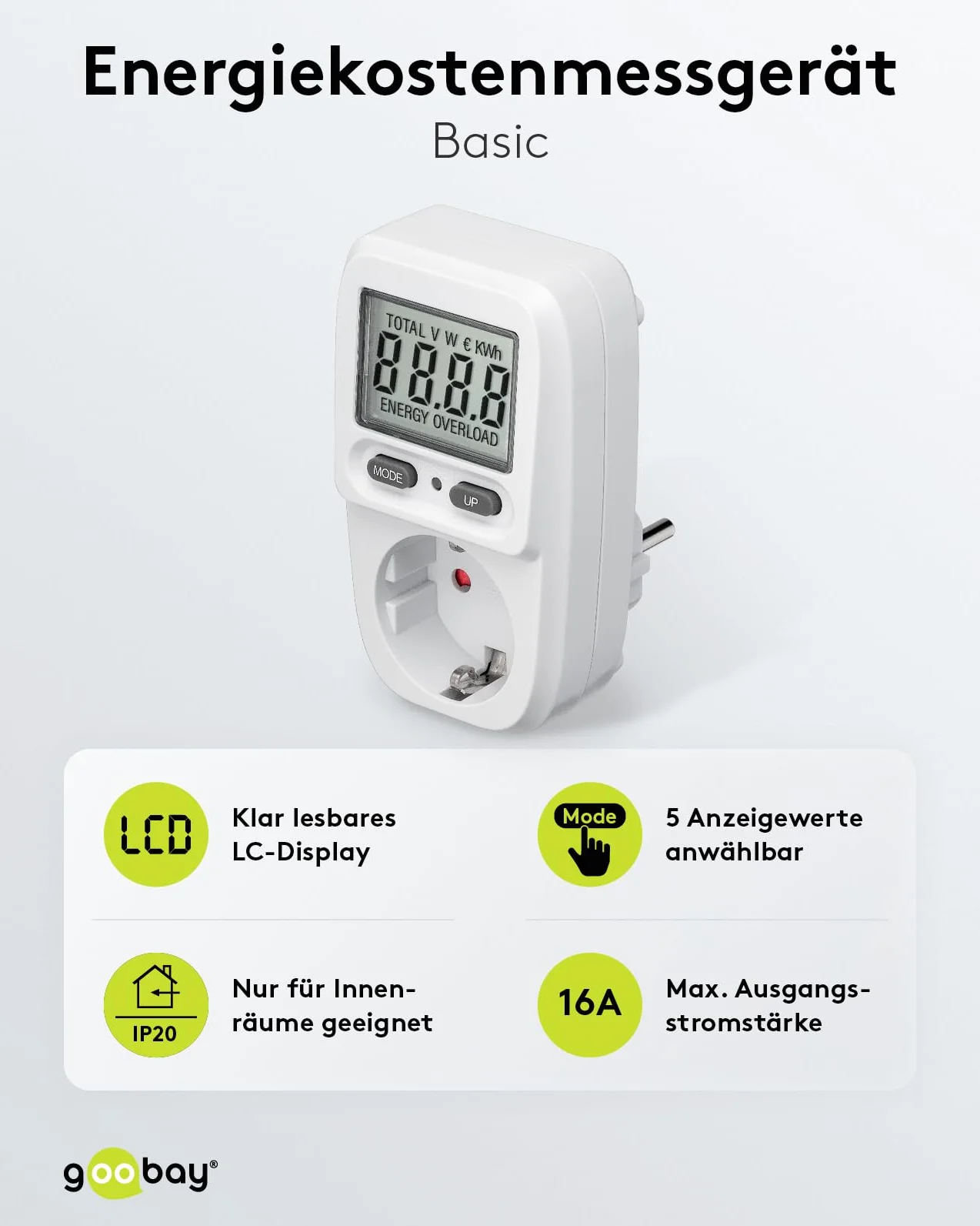 Goobay Compteur électrique prise de courant avec 5 modes d'affichage et indicateur des coûts