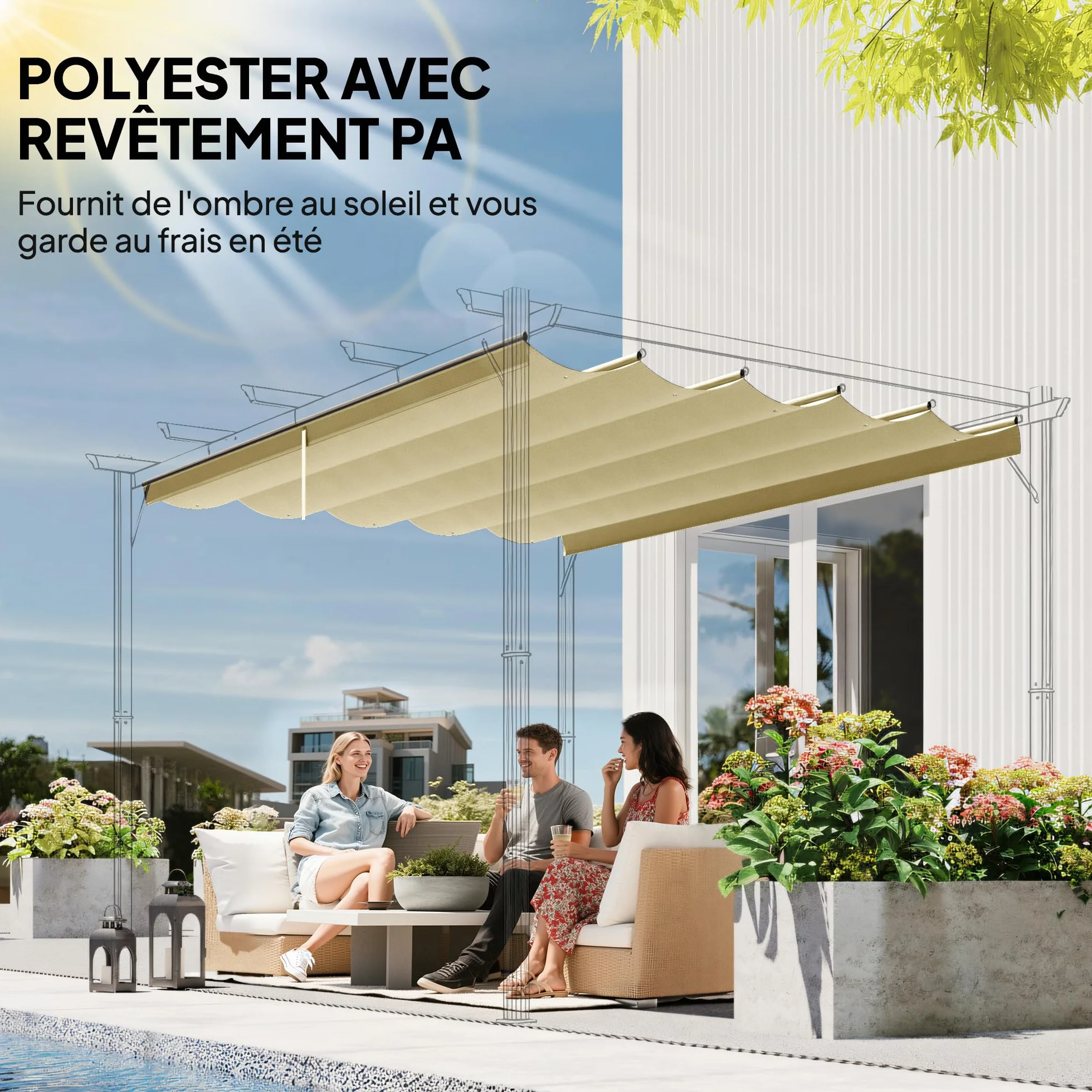 Outsunny Toile de Toit pour Pergola Tonnelle Rétractable 4 x 3 m 350 x 260 cm Beige