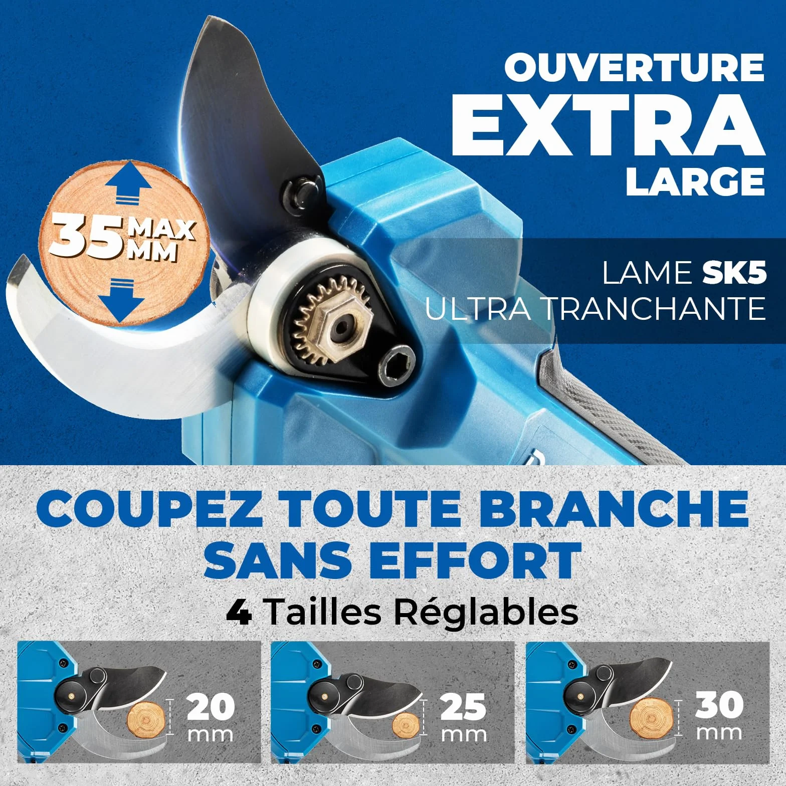Dong Cheng Sécateur Électrique Sans Fil 20V, 4 Niveaux de Coupe Jusqu'à 35 mm, Lame SK5 avec 2 Batteries 2.0Ah, Sécateur de Jardin Professionnel à Moteur Sans Balais pour Jardin, Branche et Arbuste