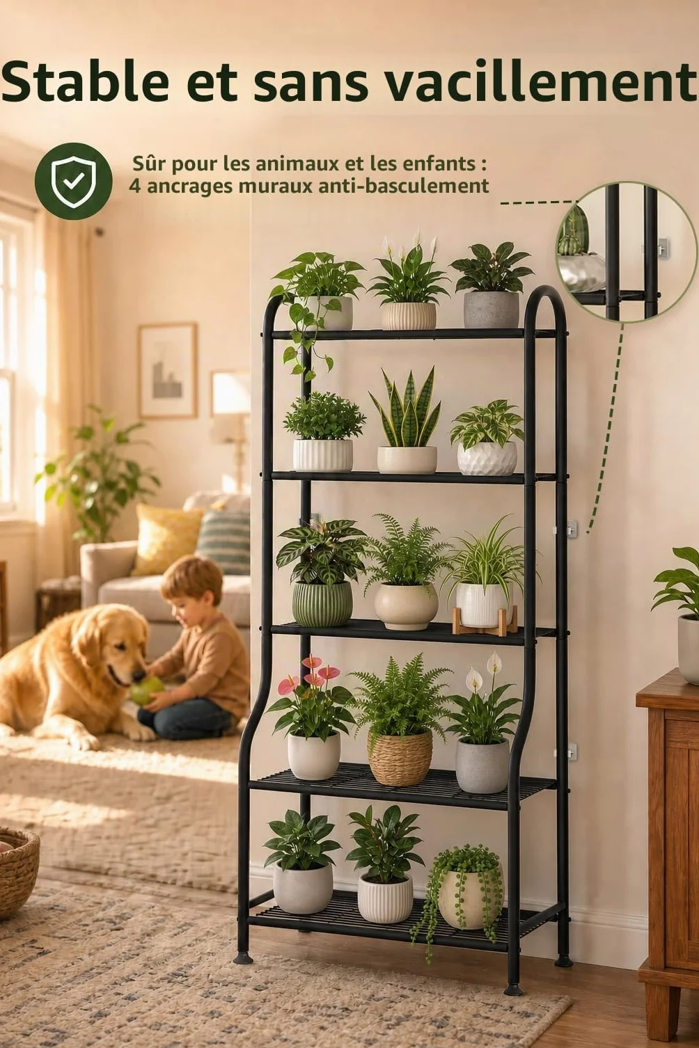 Support en métal pour plantes 5 niveaux 165 cm étagère verticale robuste avec pieds réglables