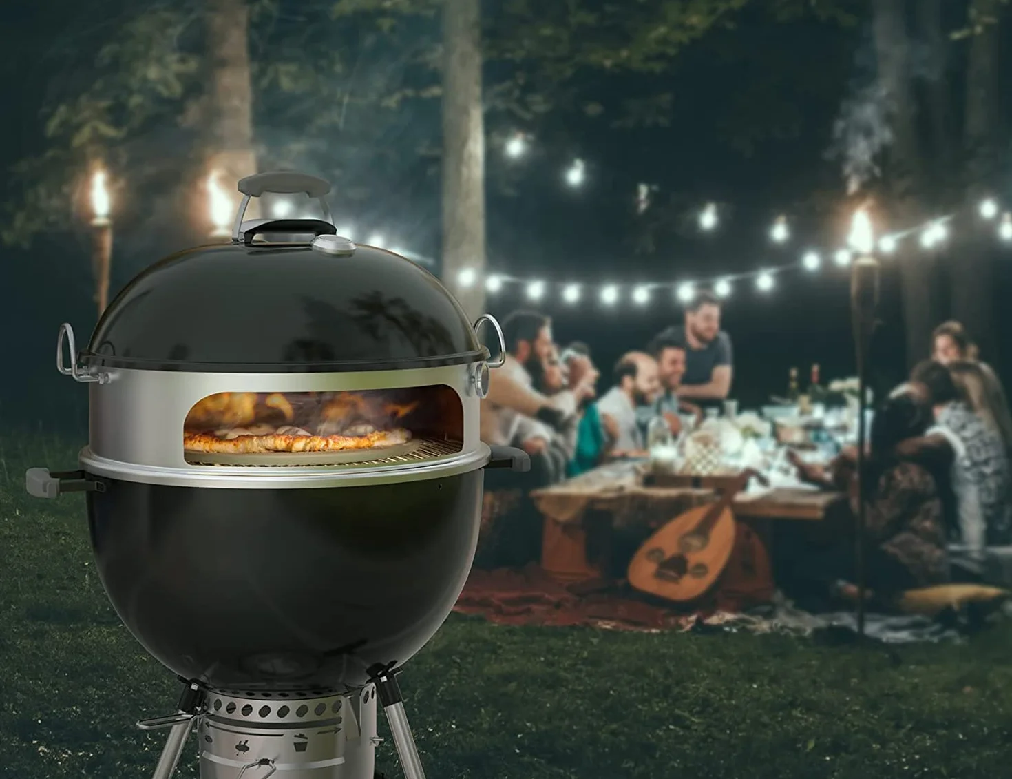 Onlyfire BRK-6023 Kit Pizza Weber 57 cm - Anneau INOX Poignées Amovibles, Pierre 38 cm, Pelle, Thermomètre - Accessoire Barbecue Charbon Kettle