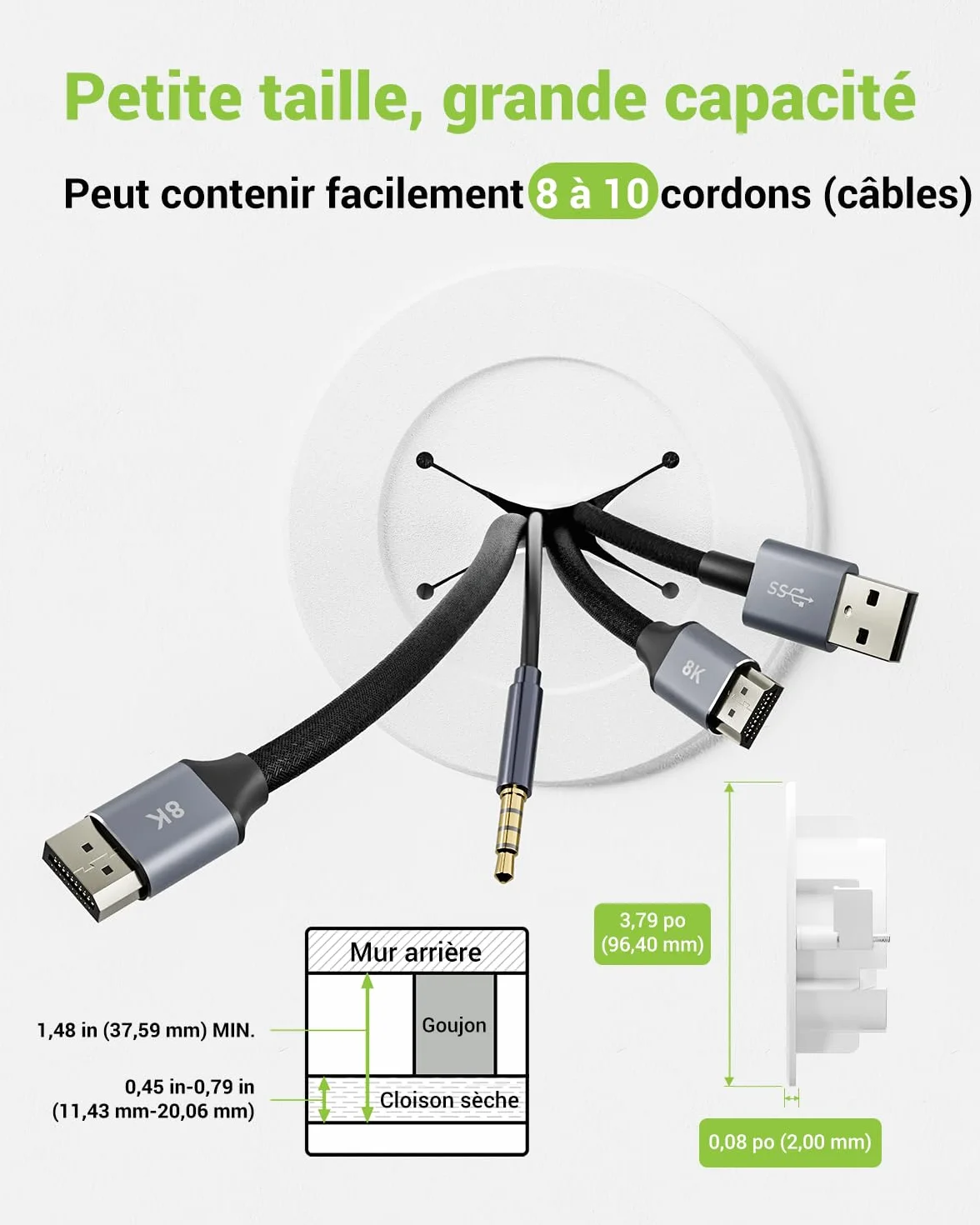 Lot de 2 passe-câbles encastrés avec scie cloche 76 mm blanc pour téléviseur mural