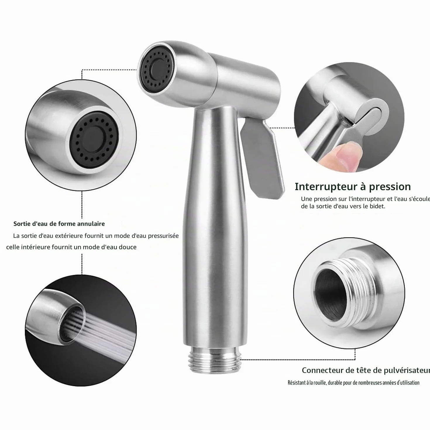 Pulvérisateur de bidet portable ABS 150 cm avec tuyau télescopique flexible pour salle de bain