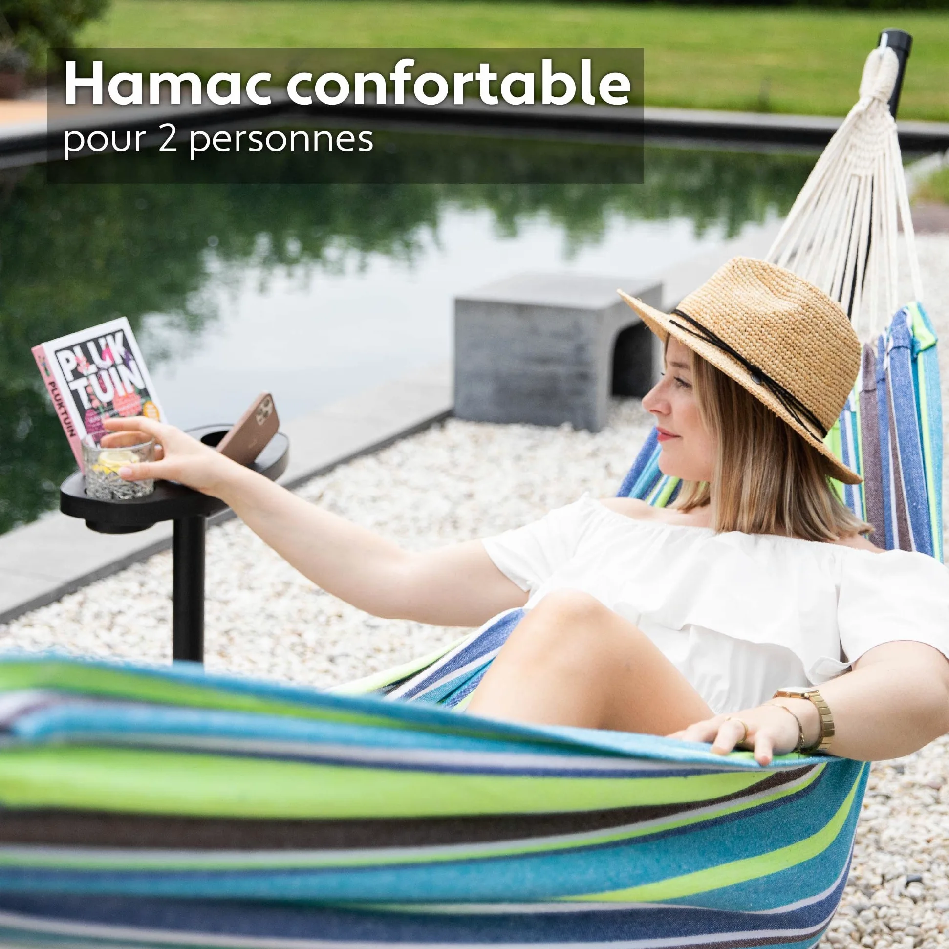 Vita5 Hamac avec Support – Support Réglable 290 à 330 cm – Grand Hamac en 80% Coton et 20% Polyester pour Jardin, Terrasse, Balcon et Camping – avec Sac de Transport