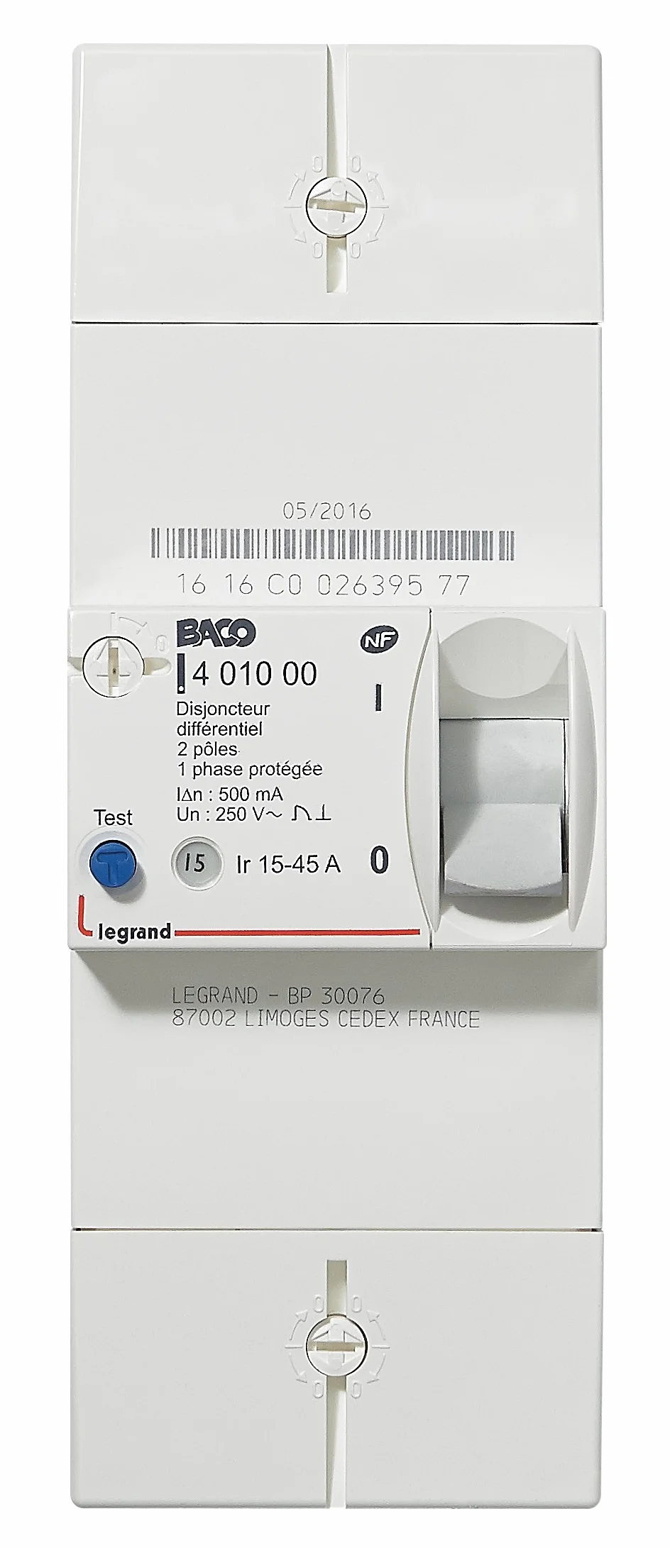LEGRAND Disjoncteur Différentiel Baco 2P 15/45A 500mA Protection Surcharges Courts-Circuits Contacts Indirects