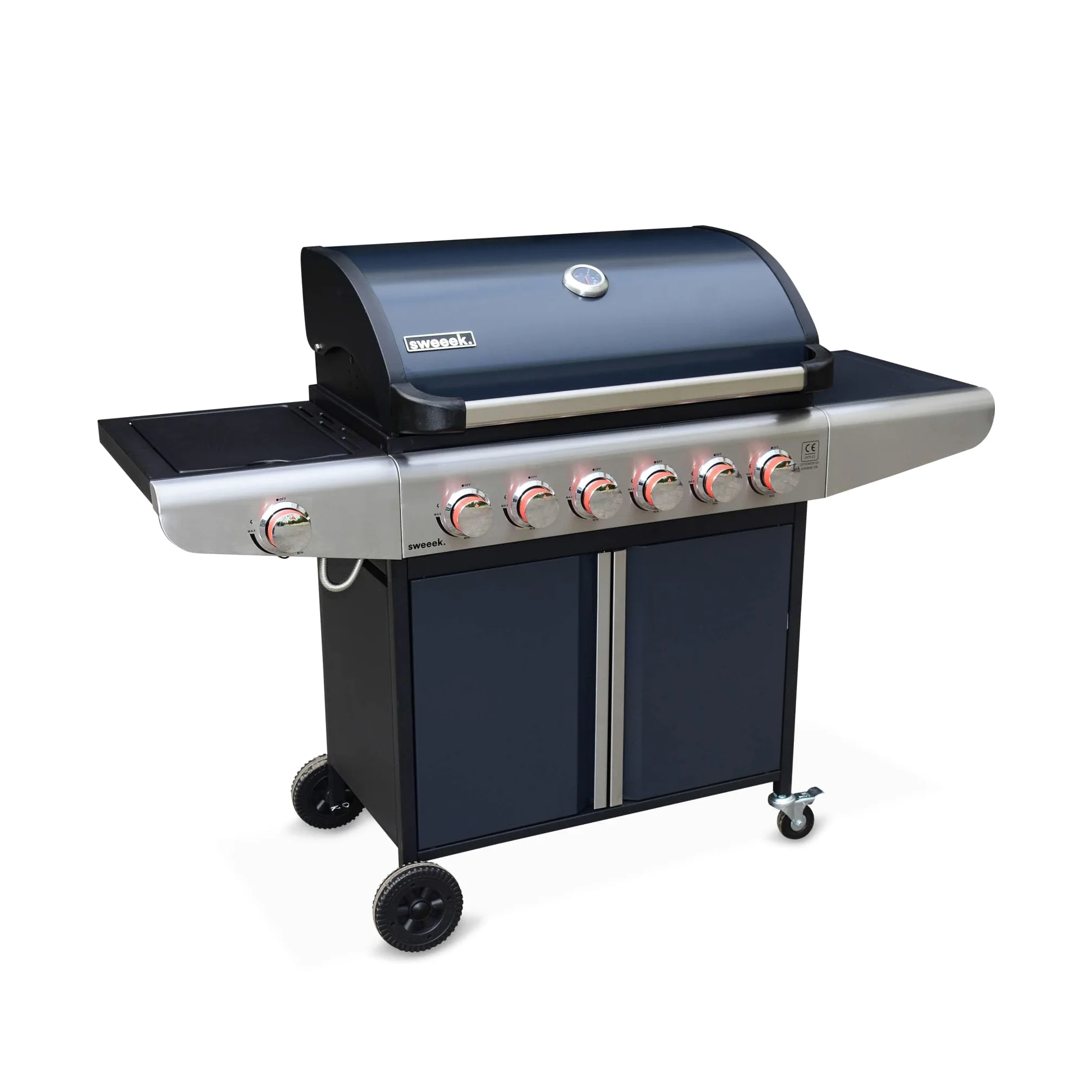Alice's Garden - Barbecue au gaz - Bazin 6 Gris anthracite - Cuisine extérieure 6 brûleurs dont 1 feu latéral avec tablettes et thermomètre. rangement. roues