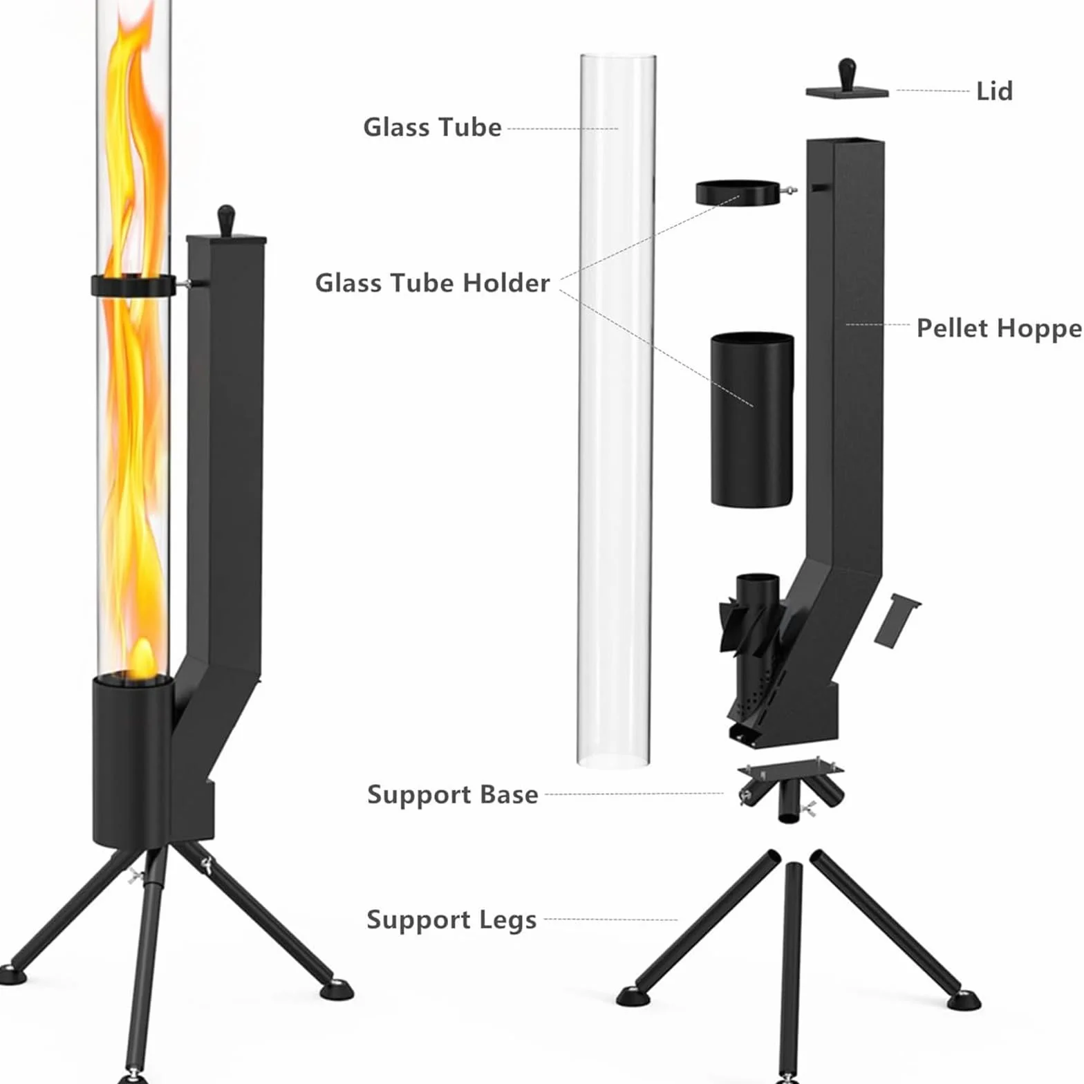 Kit Pellet Torch avec Tube en Verre Cheminée Extérieur pour Terrasse Ecoénergétique Brûleur Durable Fonctionne 2 Heures avec 28 kg de Granulés en Fer et Verre Borosilicaté