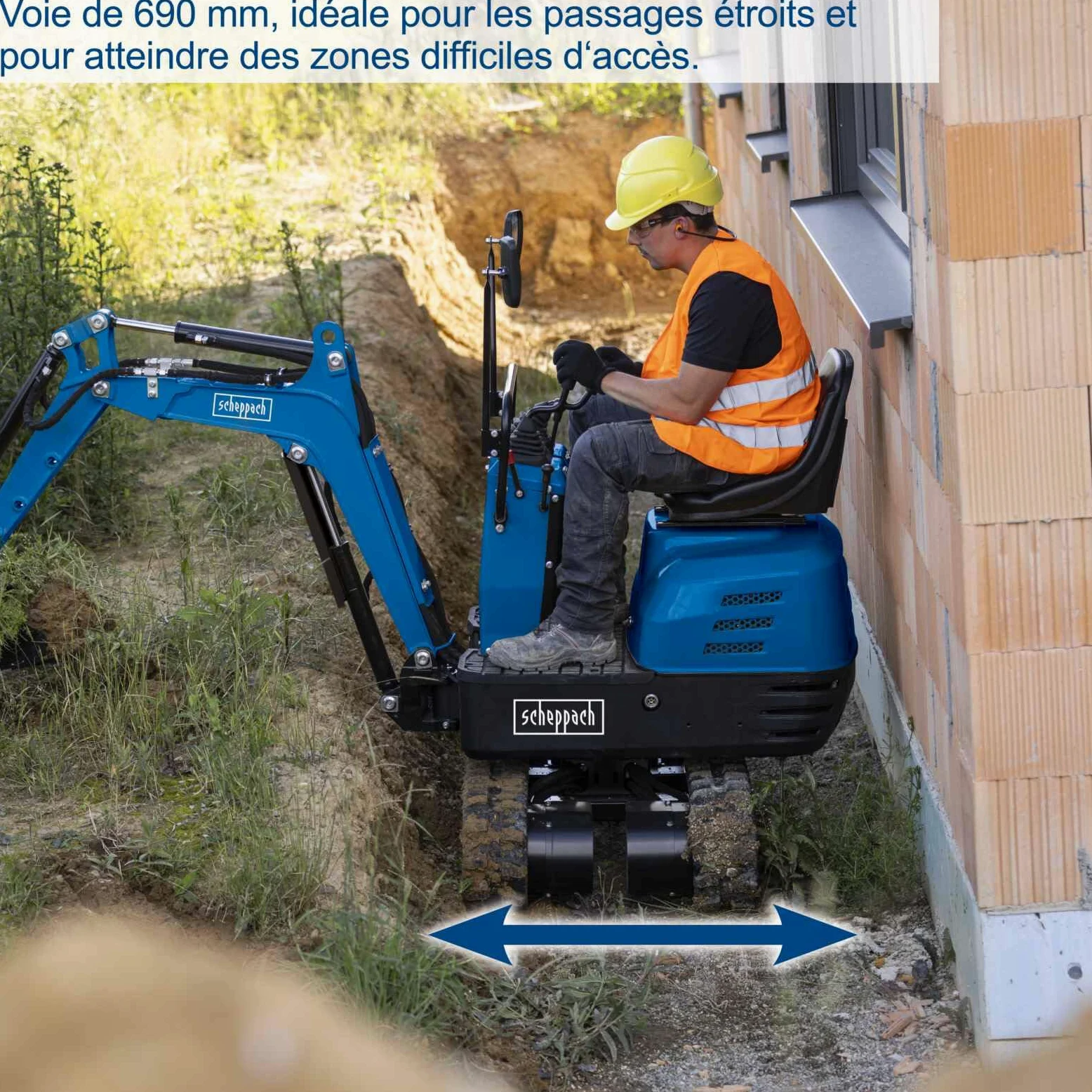 Scheppach Mini-Pelle EXC815 + Benne motorisée DP3000 - Moteur 4 Temps - Largeur du Godet 290 mm - portée 2330 mm - Volume de la Benne 125L - Charge Max 300 kg