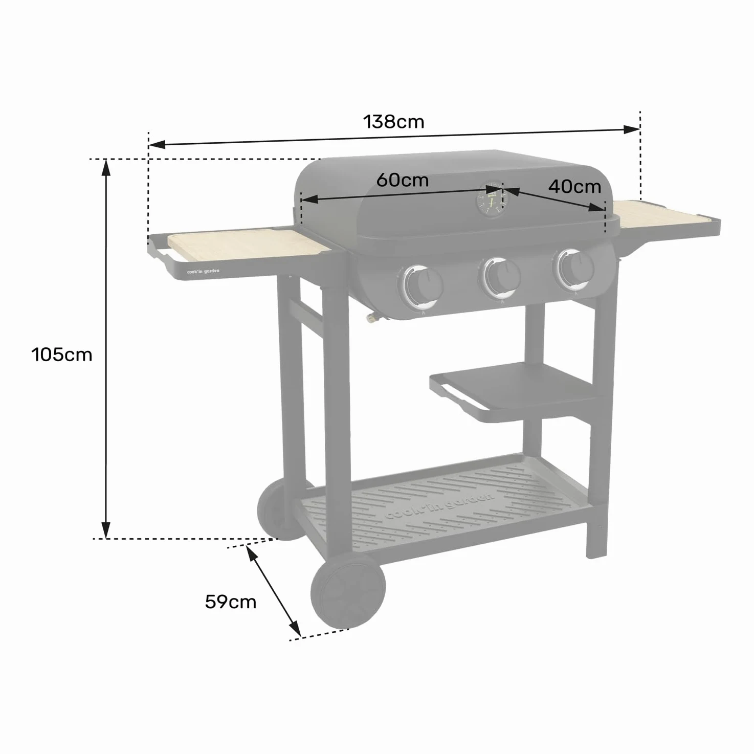 Cook’in Garden - Barbecue Gaz FLAVO 60 sur Chariot, 3 Brûleurs, Fonction Grill et Plancha, Structure Métal, Cuve Acier, Allumage Facile, Capot avec Thermomètre, Idéal Terrasse Extérieur Jardin