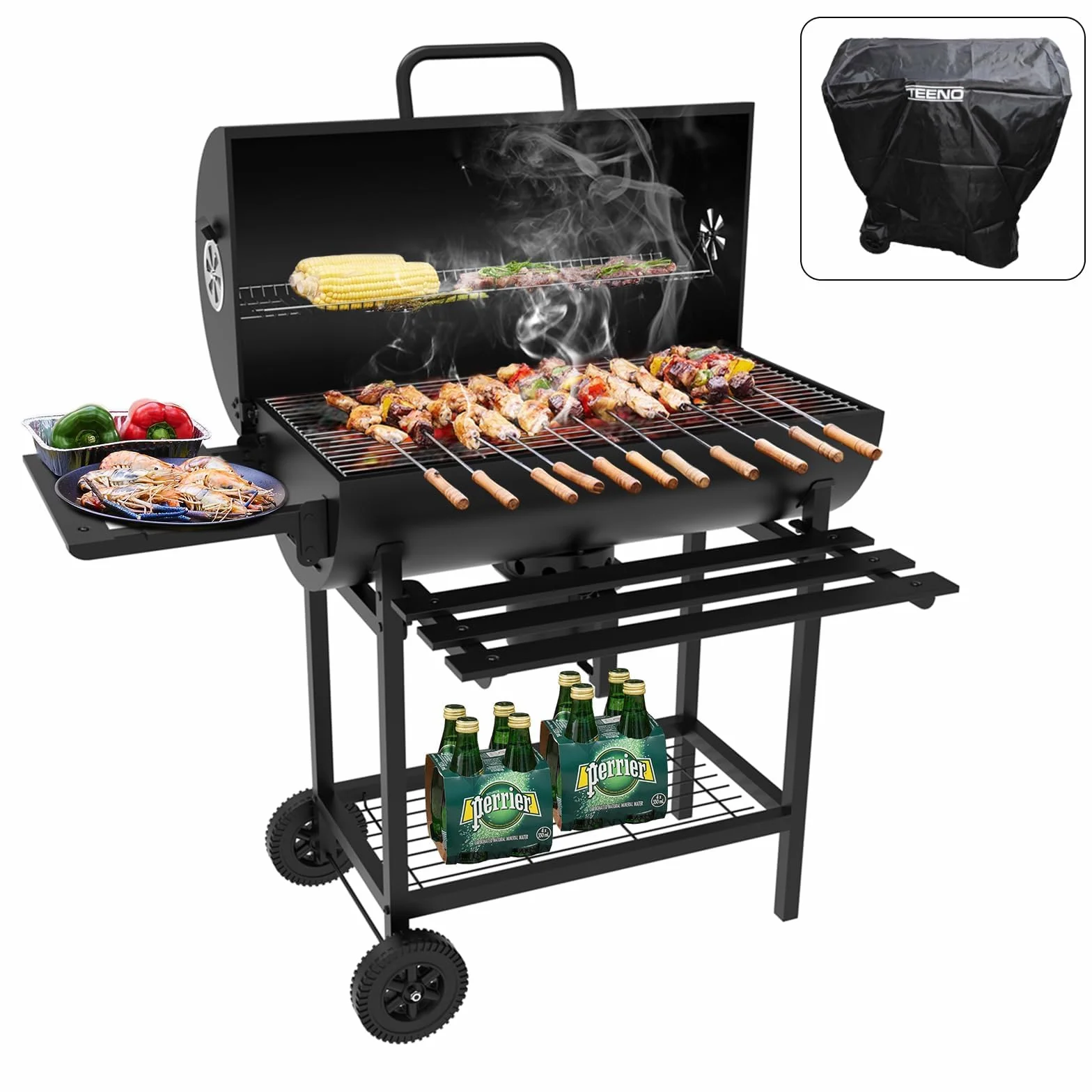 TEENO Chariot à Barbecue de Bois,Grill XXL à Charbon avec Couvercle, Thermomètre,Tiroir à Cendres,Comprend une housse en tissu imperméable et anti-poussière, Évent Réglable