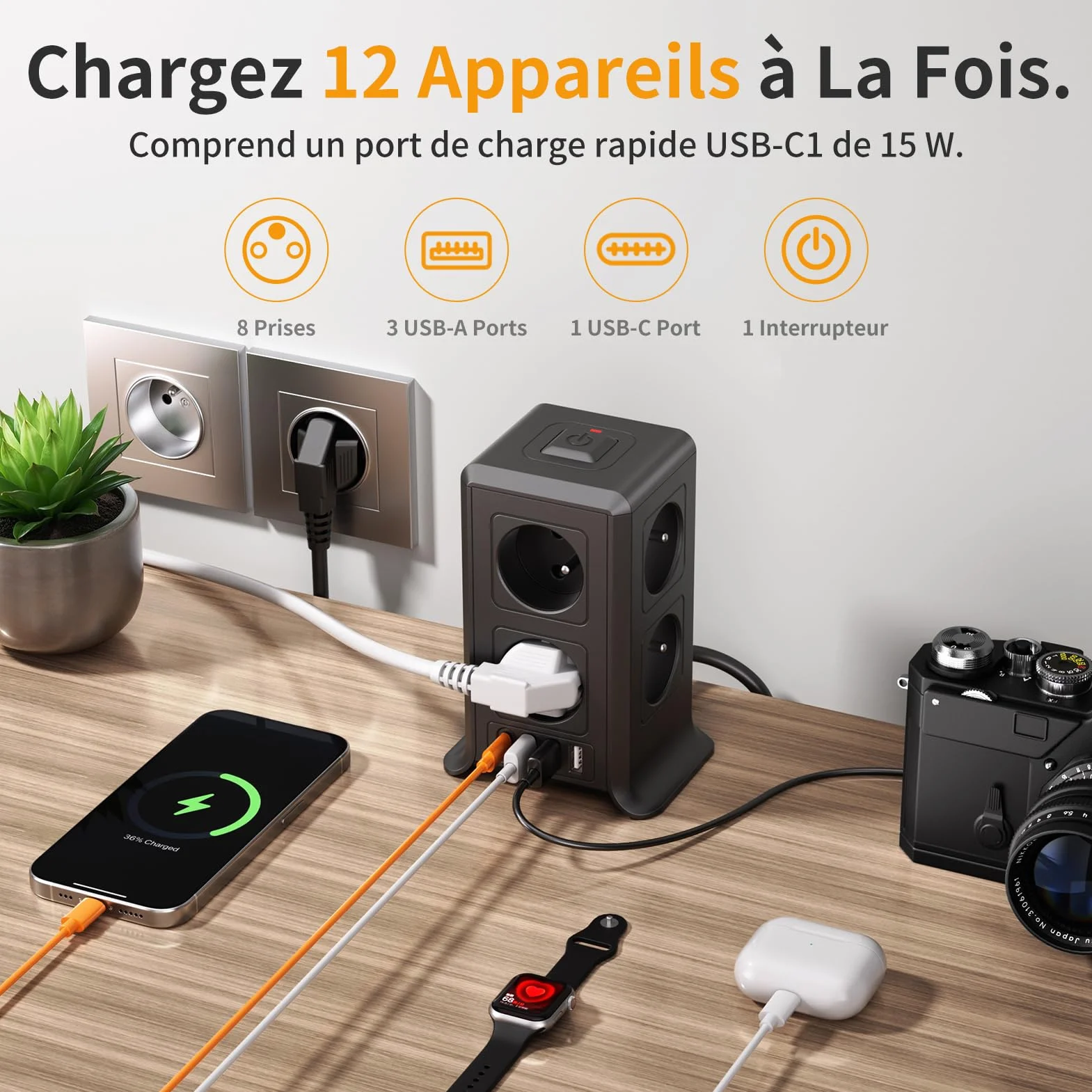 Multiprise 12 en 1 8 Prises 4 USB USB C Rallonge 2M 3680W Noir