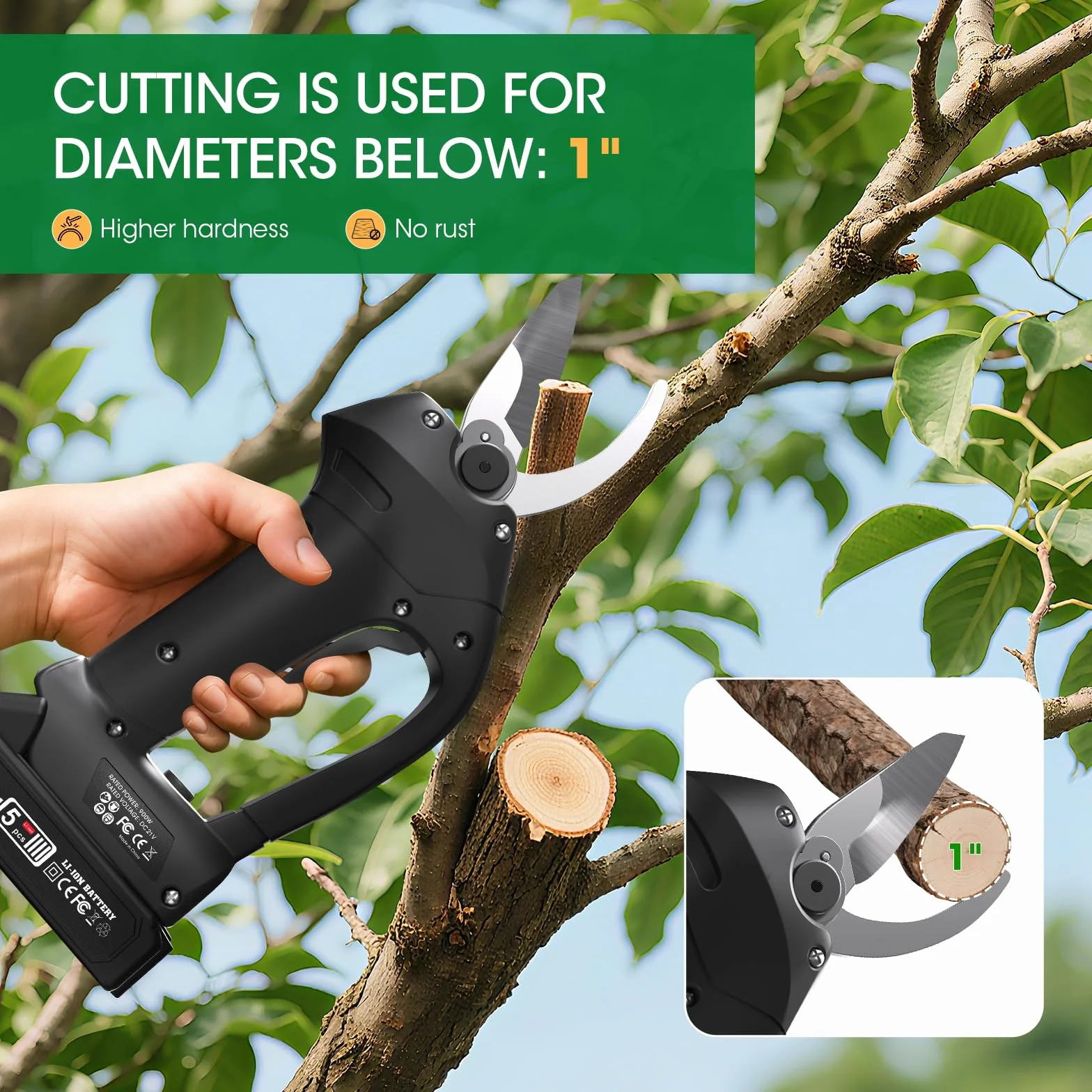 Sécateur Électrique Sans fil, 40mm Secateur Electrique, 2 x 1300mAh Batteries pour la taille, le jardinage, les arbres fruitiers et le vignoble Ciseau