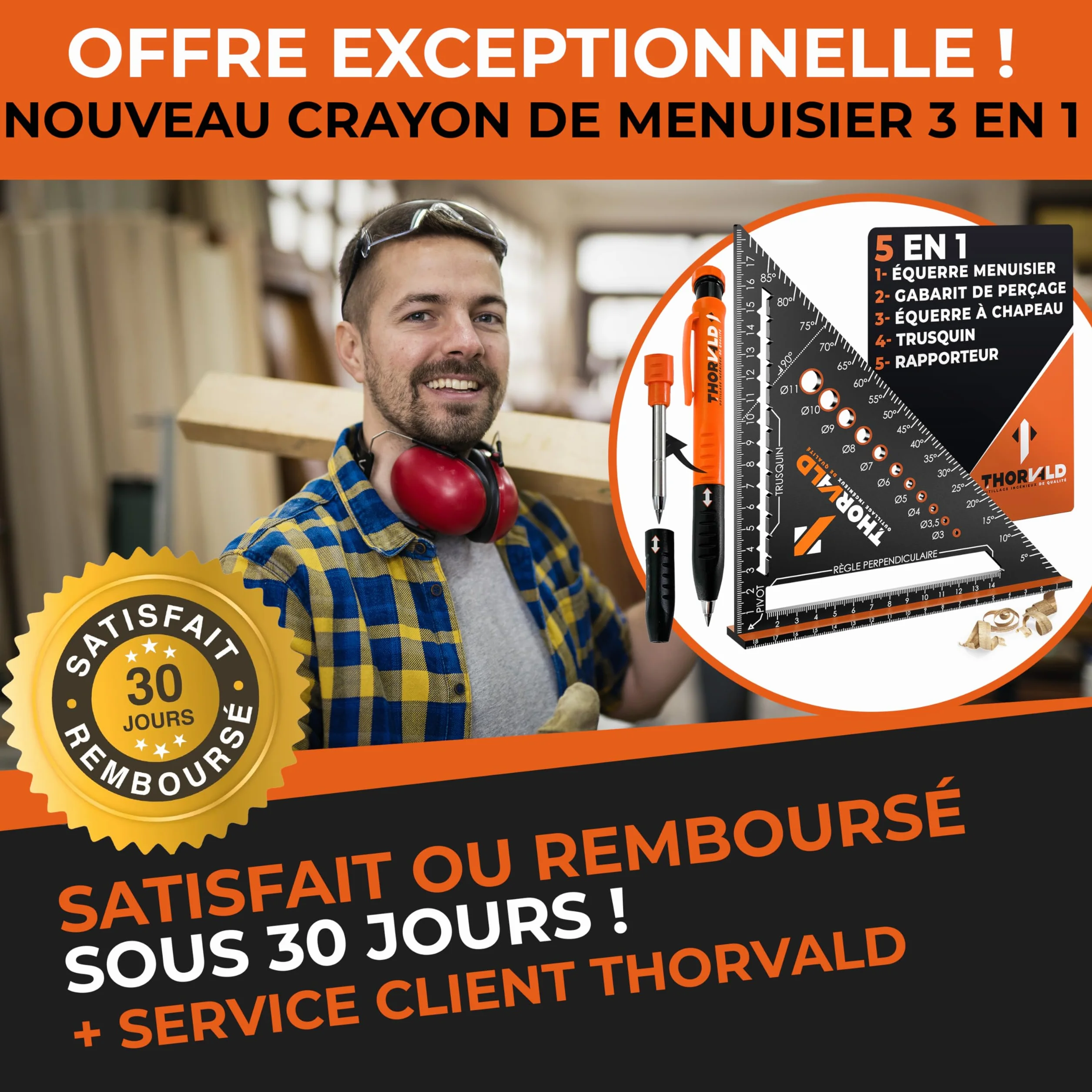 THORVALD 5 en 1 Equerre Menuisier 180 mm Aluminium Trusquin Rapporteur Gabarit de percage