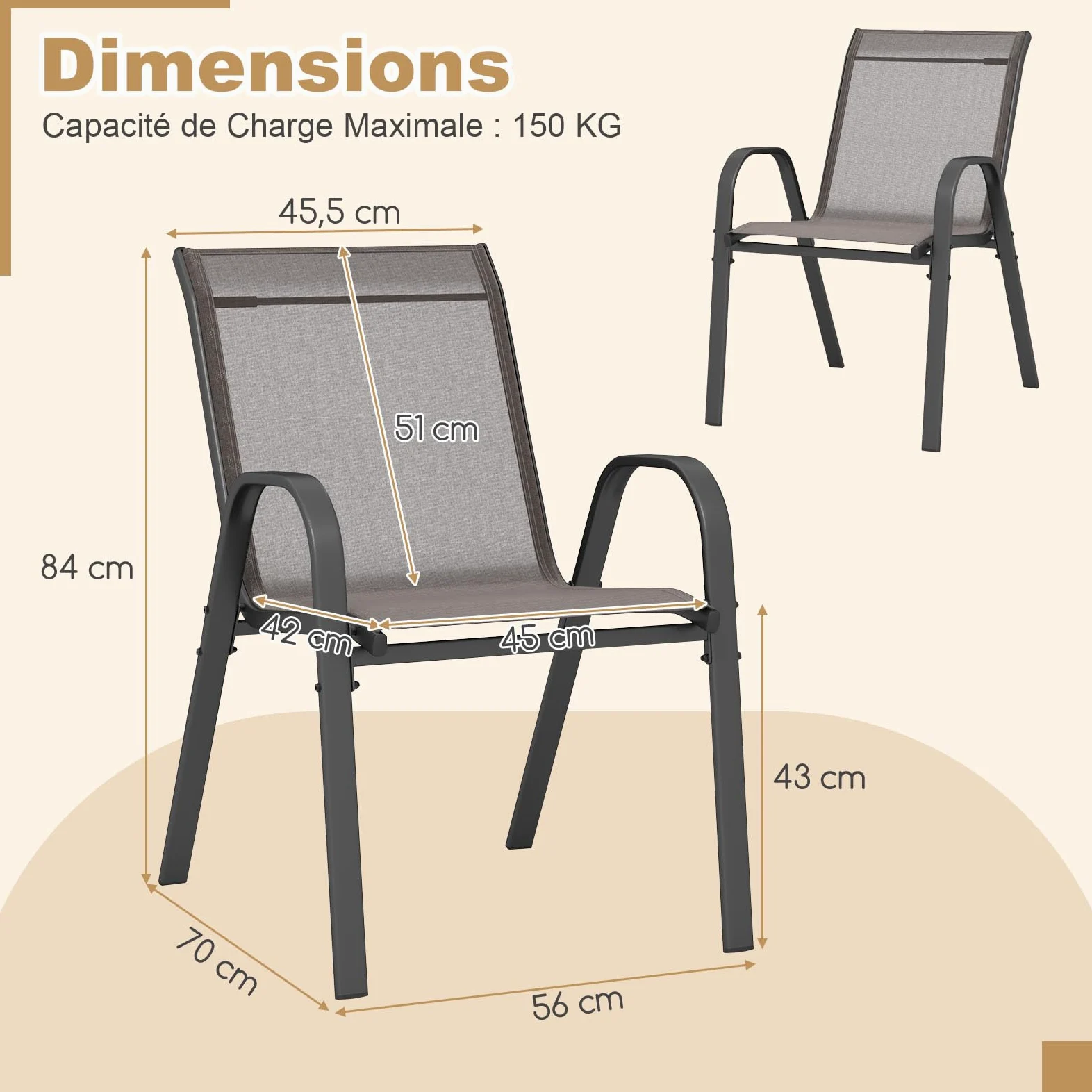 COSTWAY Lot de 2/4 Chaises de Jardin Exterieures avec Cadre en Métal, Chaise de Salle à Manger Empilable en Tissu Respirant, Fauteuil d'Extérieur pour Cour, Balcon, Piscine, Charge 150 KG (Gris,4)