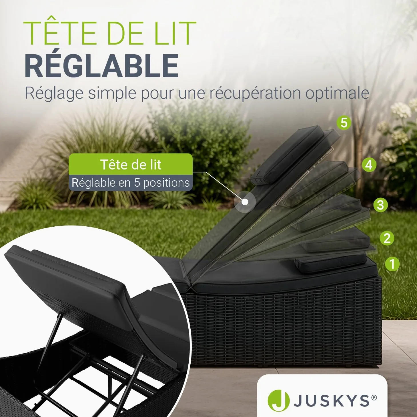 Juskys Chaise Longue de Jardin Lamia Pliante, en polyrotin, avec Support, appuie-tête réglable, Charge maximale de 160 kg - Chaise Longue extérieure de Jardin et Balcon, Noir