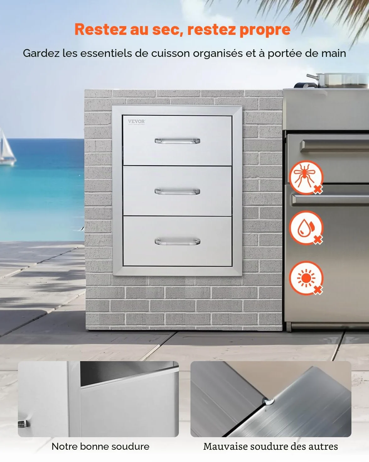 VEVOR Tiroirs de cuisine d'extérieur 40,6 x 54,6 x 45,7 cm (l x H x P) – Tiroirs de barbecue encastrés à triple accès avec poignée en acier inoxydable, îlot de barbecue pour cuisine extérieure ou îlot