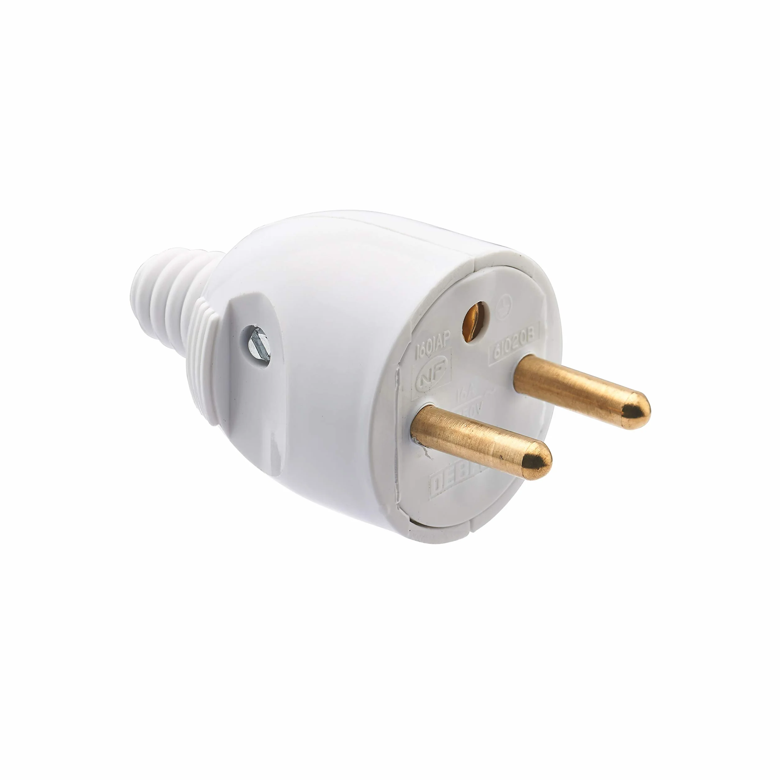Debflex Prise male 220 V Fiche electrique male Broche D.4 8mm Sortie Droite Blanc 713100