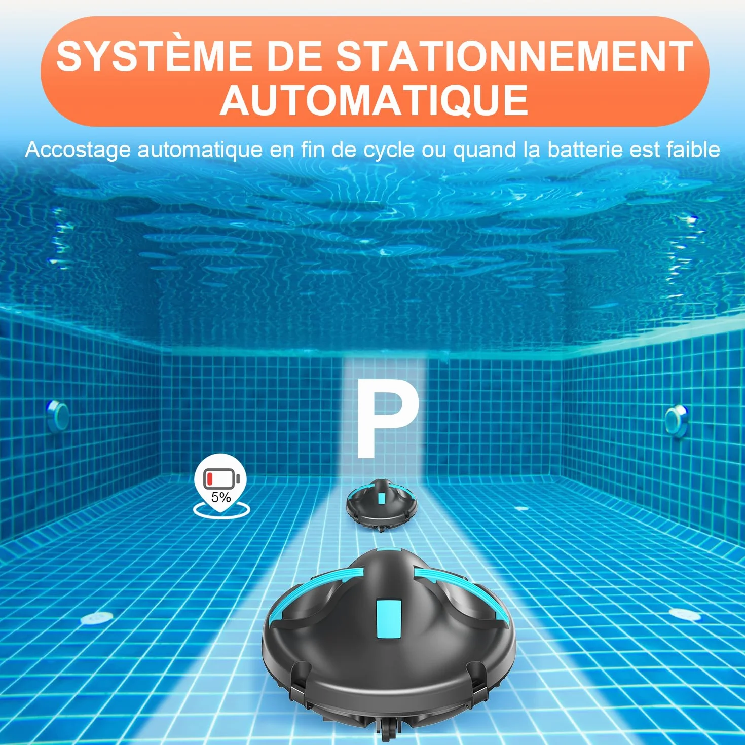 Robot Piscine sans Fil 130 Min Double Moteur Puissante Aspiration Auto-Stationnement Bleu 102 ㎡
