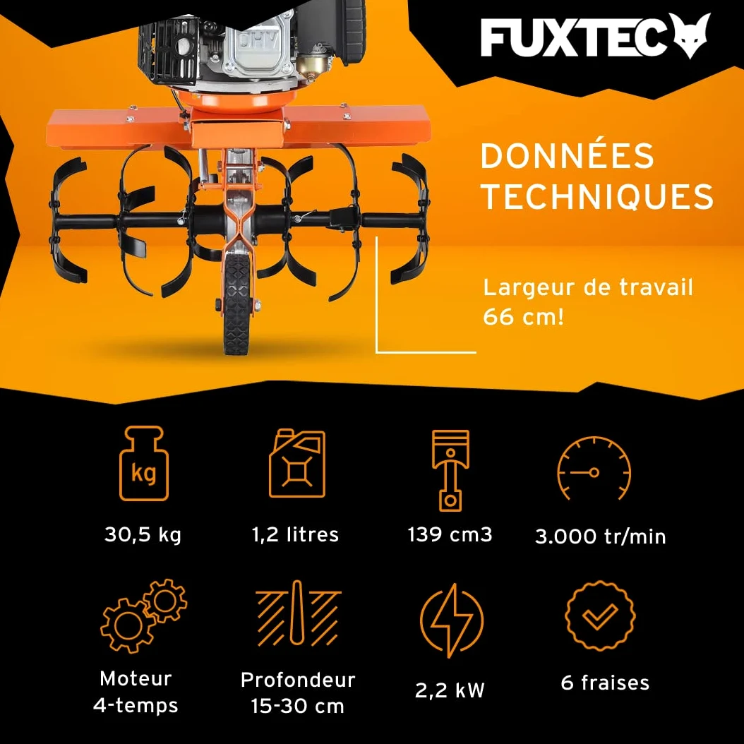 Fuxtec Motobineuse Thermique FX-AF1139 Set Motoculteur Essence Moteur 4 Temps 139cm3 2,2kW avec Extension De La Largeur De Travail De 36 à 66cm Cultivateur Profondeur Réglable Jusqu’à 30cm
