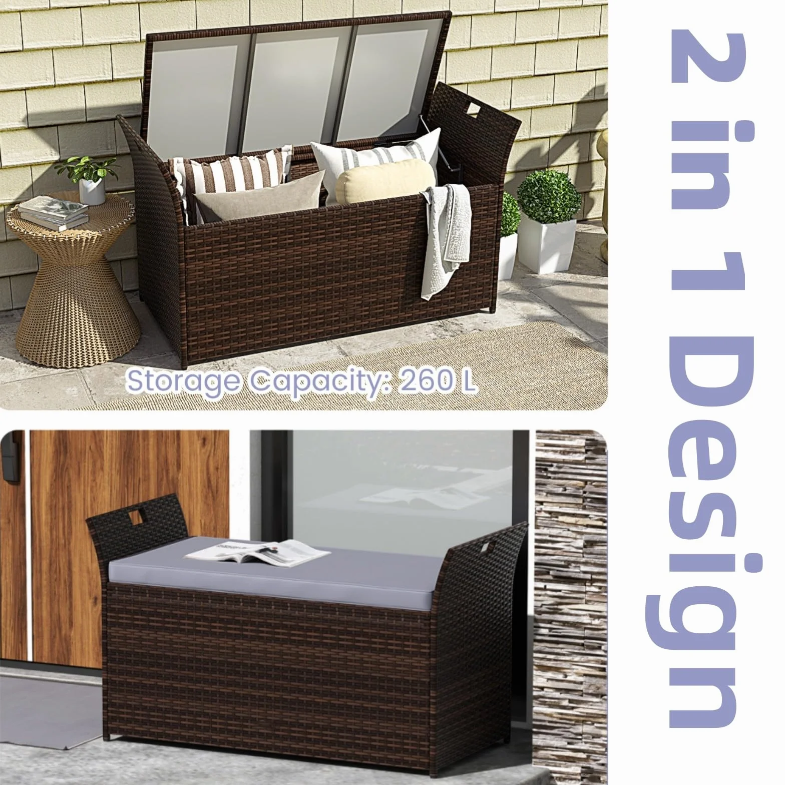 LIFEZEAL Banc Coffre de Rangement en Rotin PE 260 L avec Coussin Amovible et Poignées Latérales