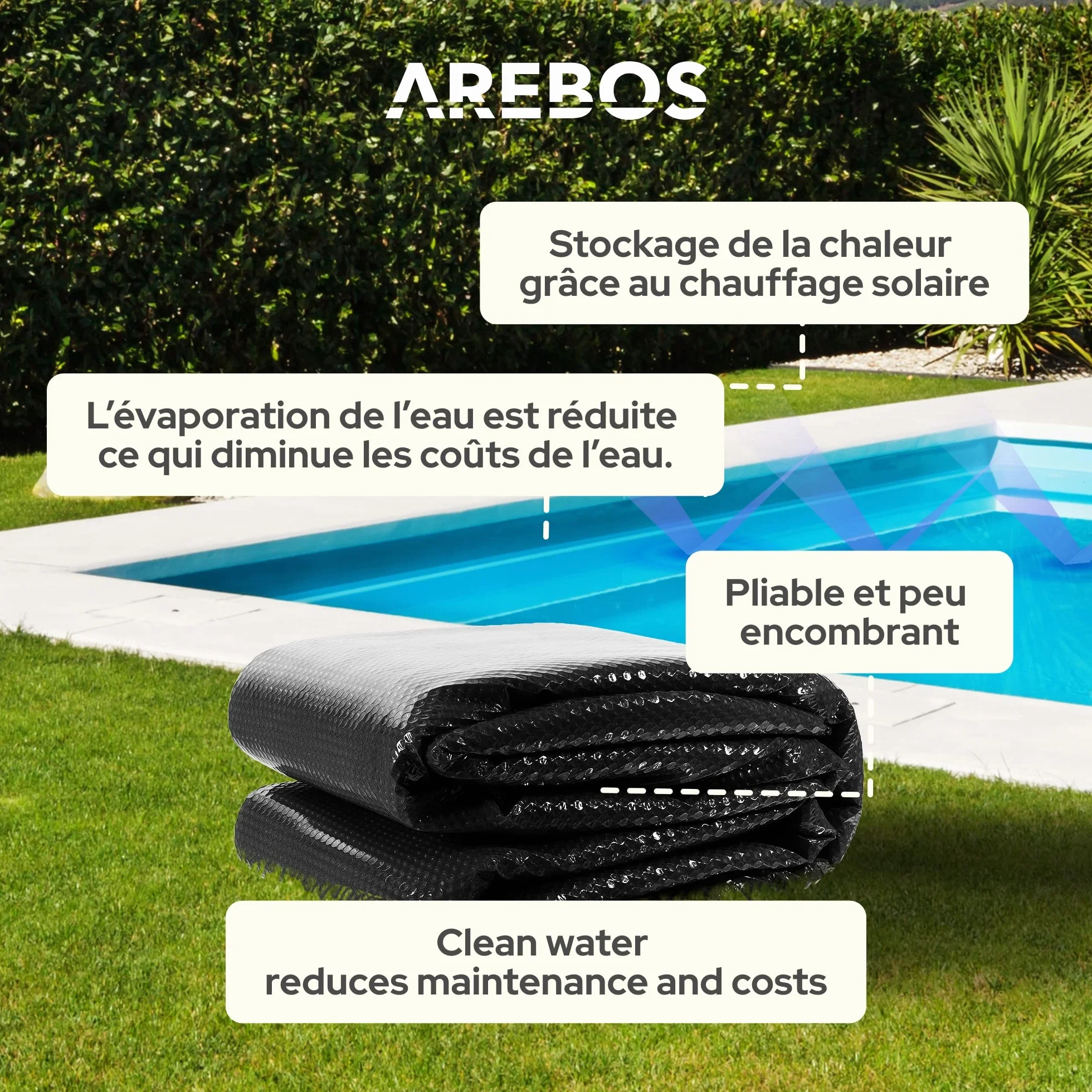 Arebos Bâche Solaire de Piscine Rectangulaire 5,49 x 2,74 m Noir 120 µm