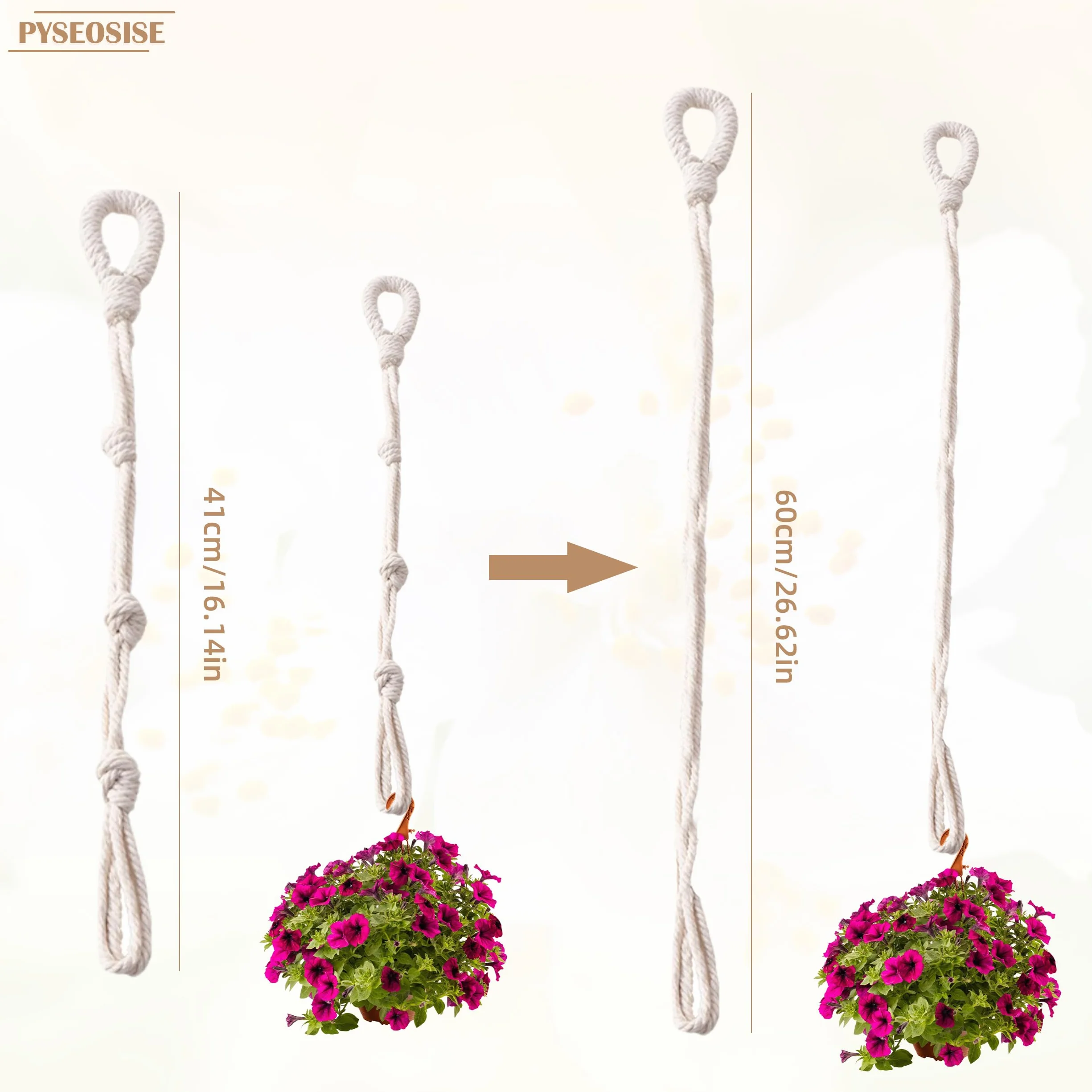Rallonges de Suspension Plante, 6 Pièces Support de Plantes Macramé, Suspension Pot de Fleurs en Corde de Coton Beige Style Bohème avec Crochets pour Extérieur Jardin et Balcon
